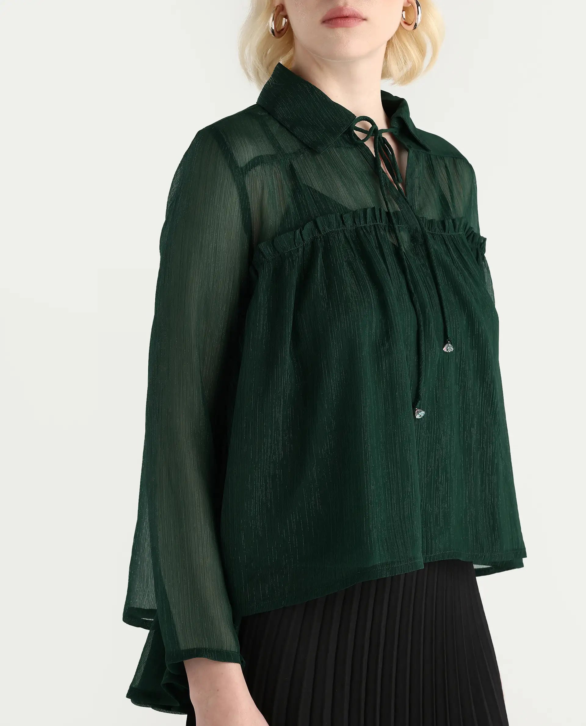 Rareism Women's Ronie Dark Green Polyester V-Neck Plain Puff Sleeves Regular Fit Top