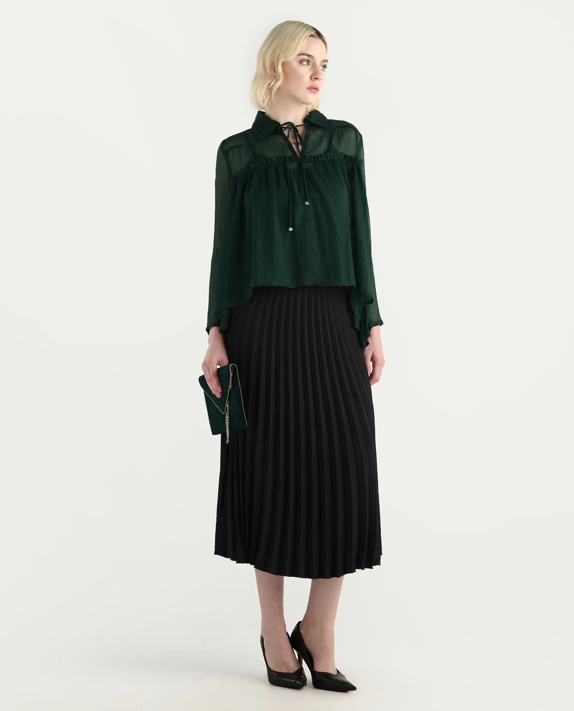 Rareism Women's Ronie Dark Green Polyester V-Neck Plain Puff Sleeves Regular Fit Top