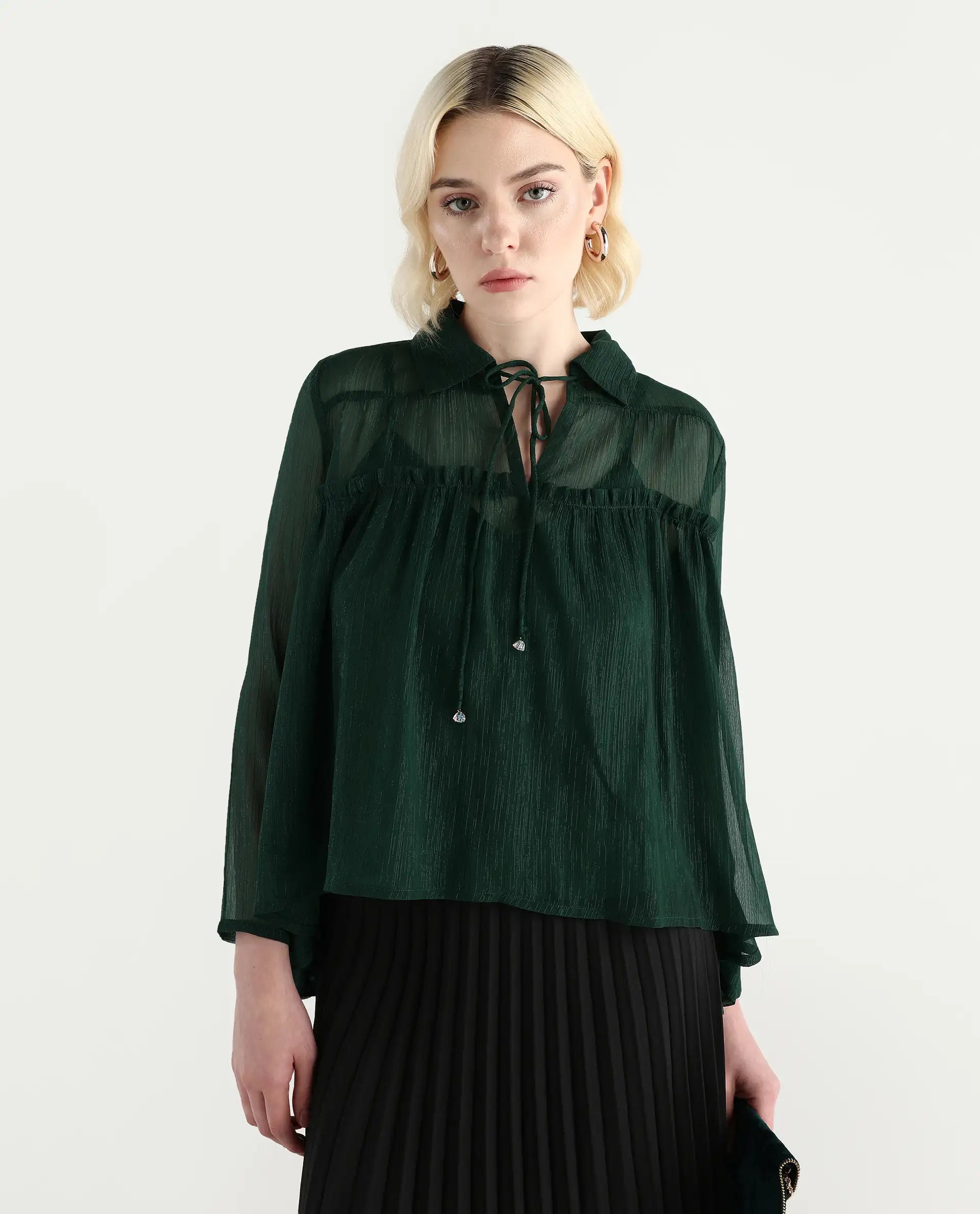 Rareism Women's Ronie Dark Green Polyester V-Neck Plain Puff Sleeves Regular Fit Top
