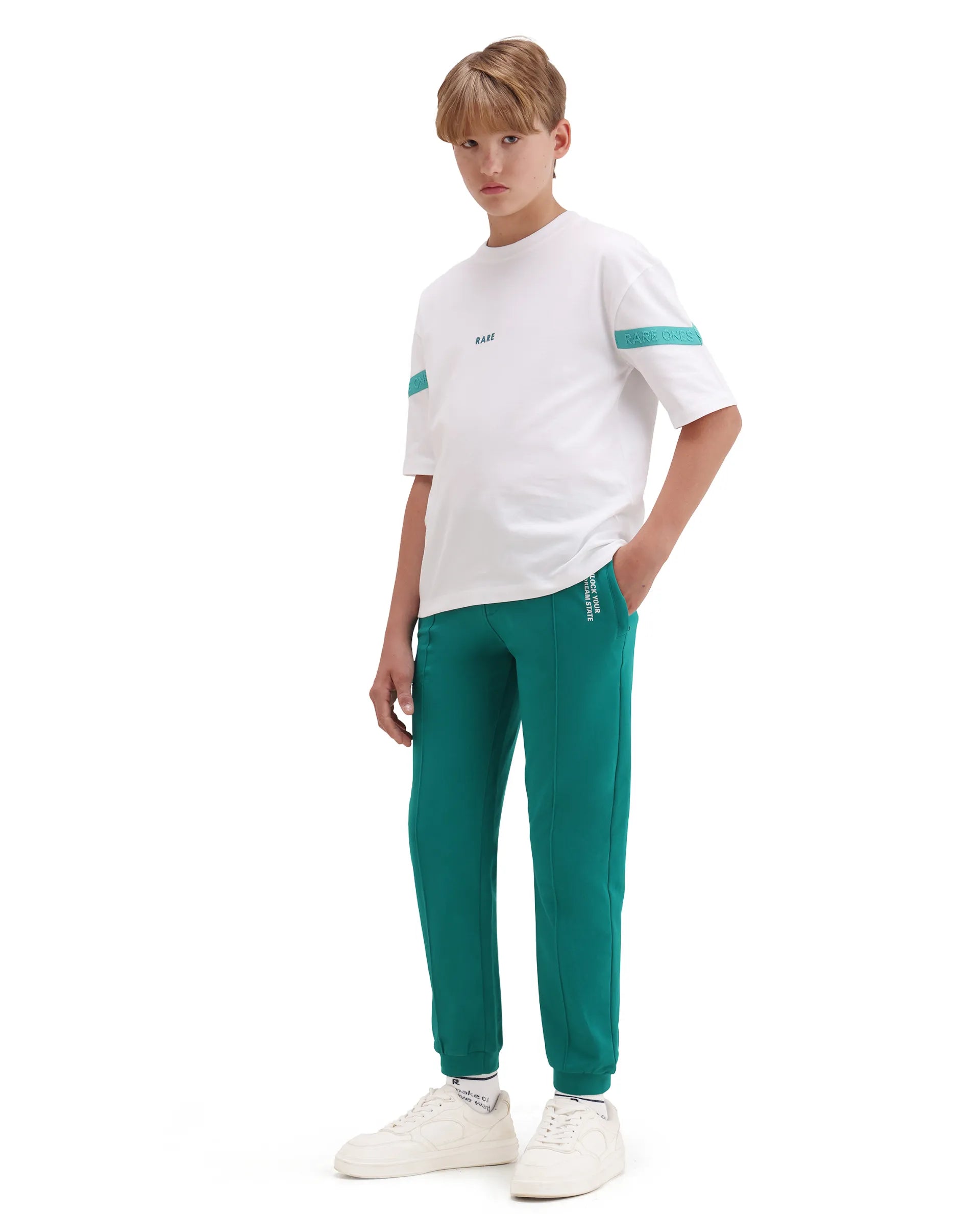 Rare Ones Kids Roni Green Cotton Fabric Drawstring Closure Hd Print Jogger Fit Track Pant