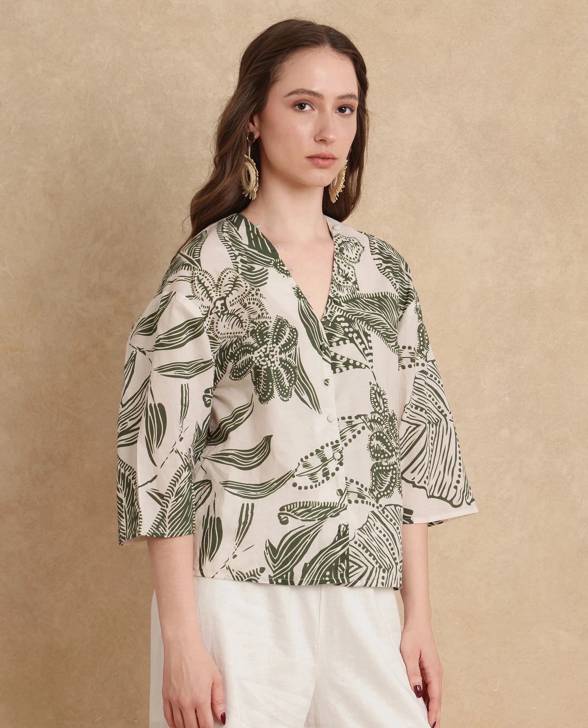 Rareism Women Ronil Beige Cotton Fabric Raglan Sleeve Band Collar Regular Fit Cropped Floral Print Top