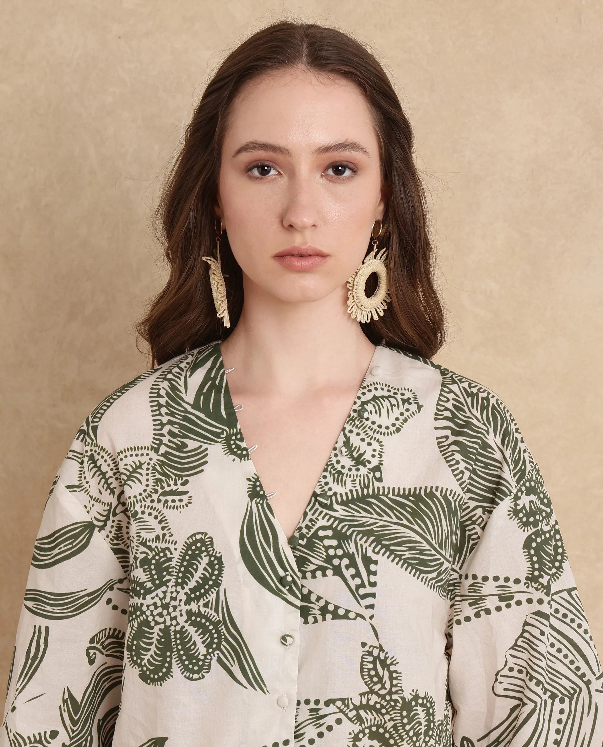 Rareism Women Ronil Beige Cotton Fabric Raglan Sleeve Band Collar Regular Fit Cropped Floral Print Top