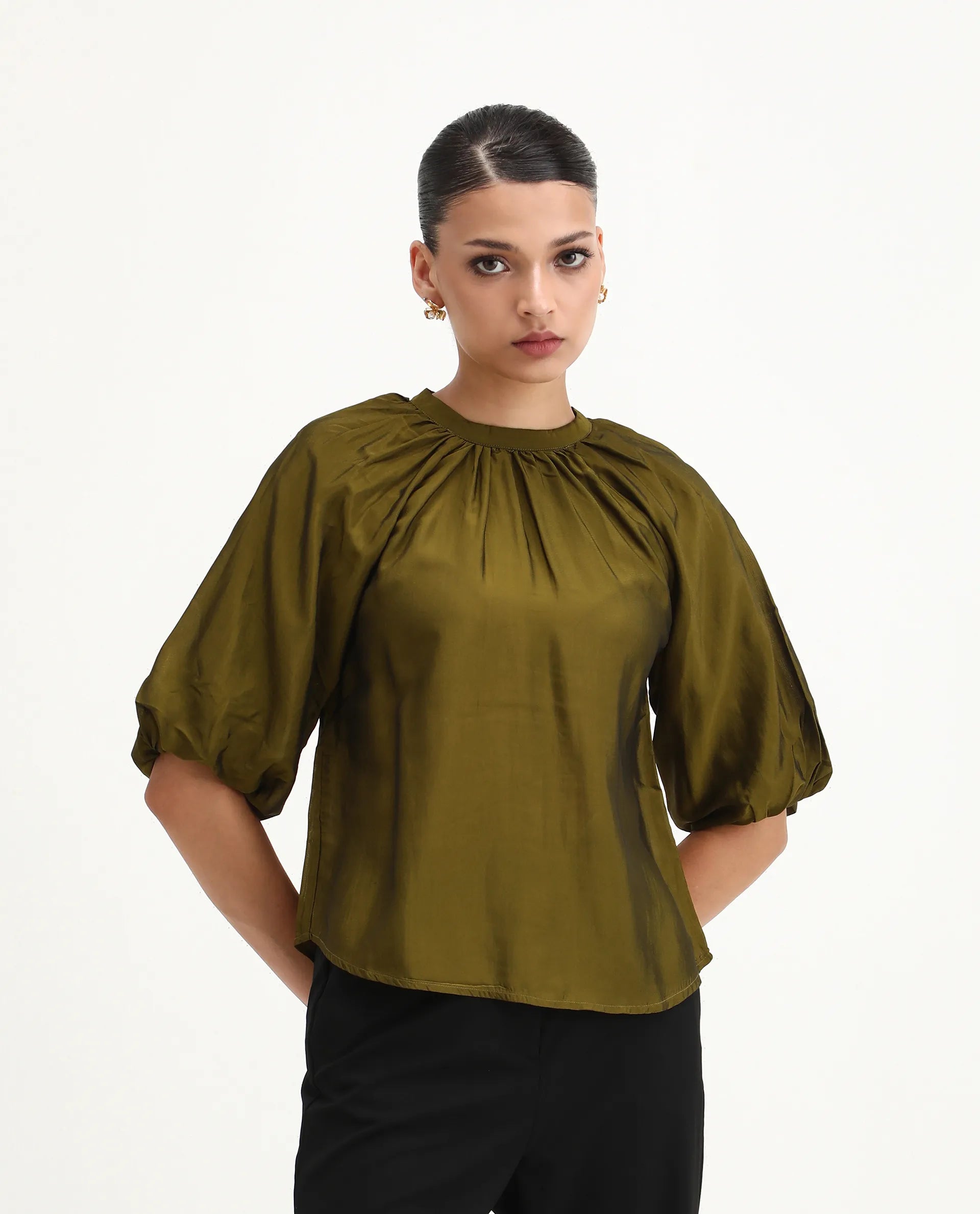 Rareism Women's Roniu Brown Polyester V-Neck Plain Kimono Sleeve Crop Regular Fit Top