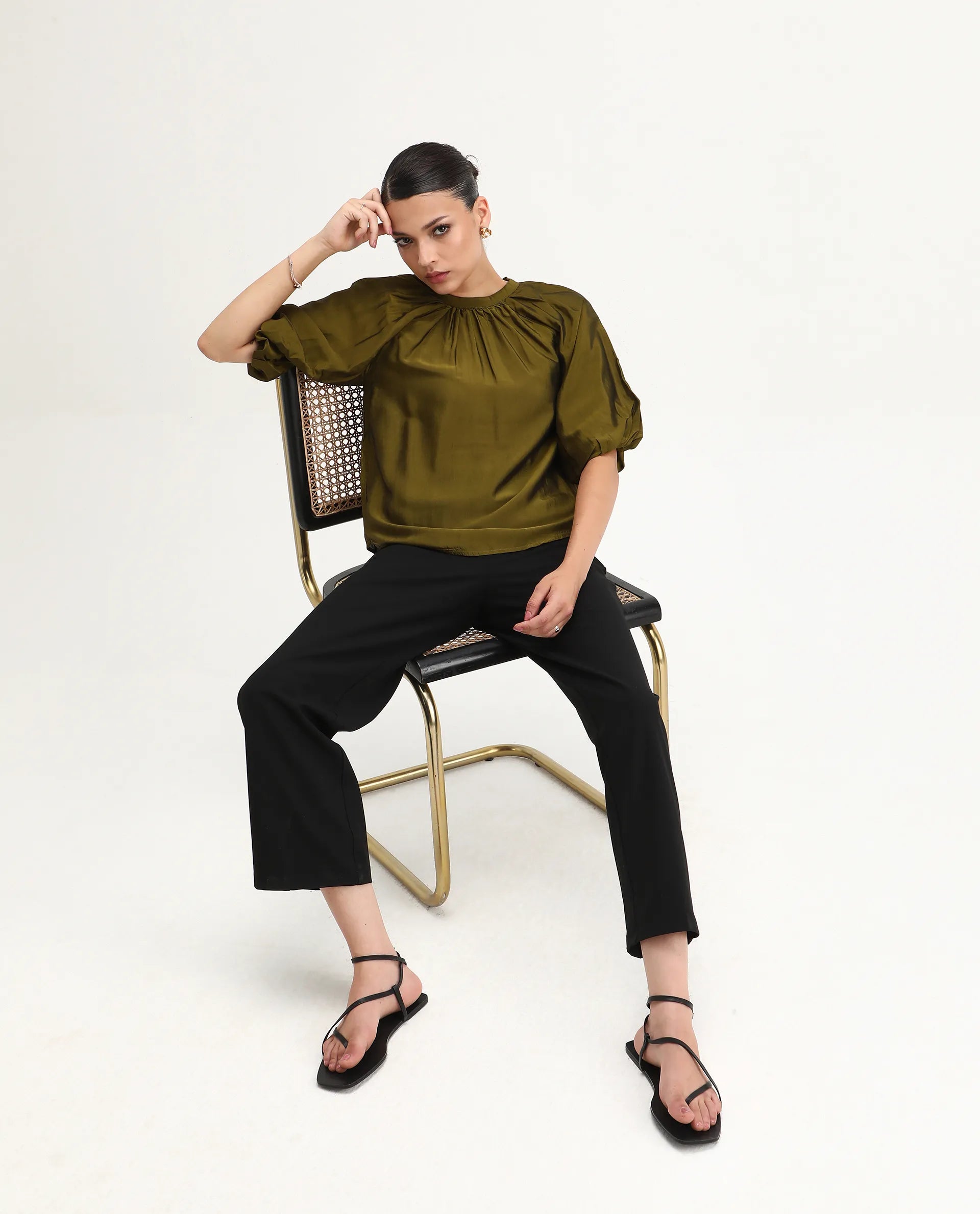 Rareism Women's Roniu Brown Polyester V-Neck Plain Kimono Sleeve Crop Regular Fit Top