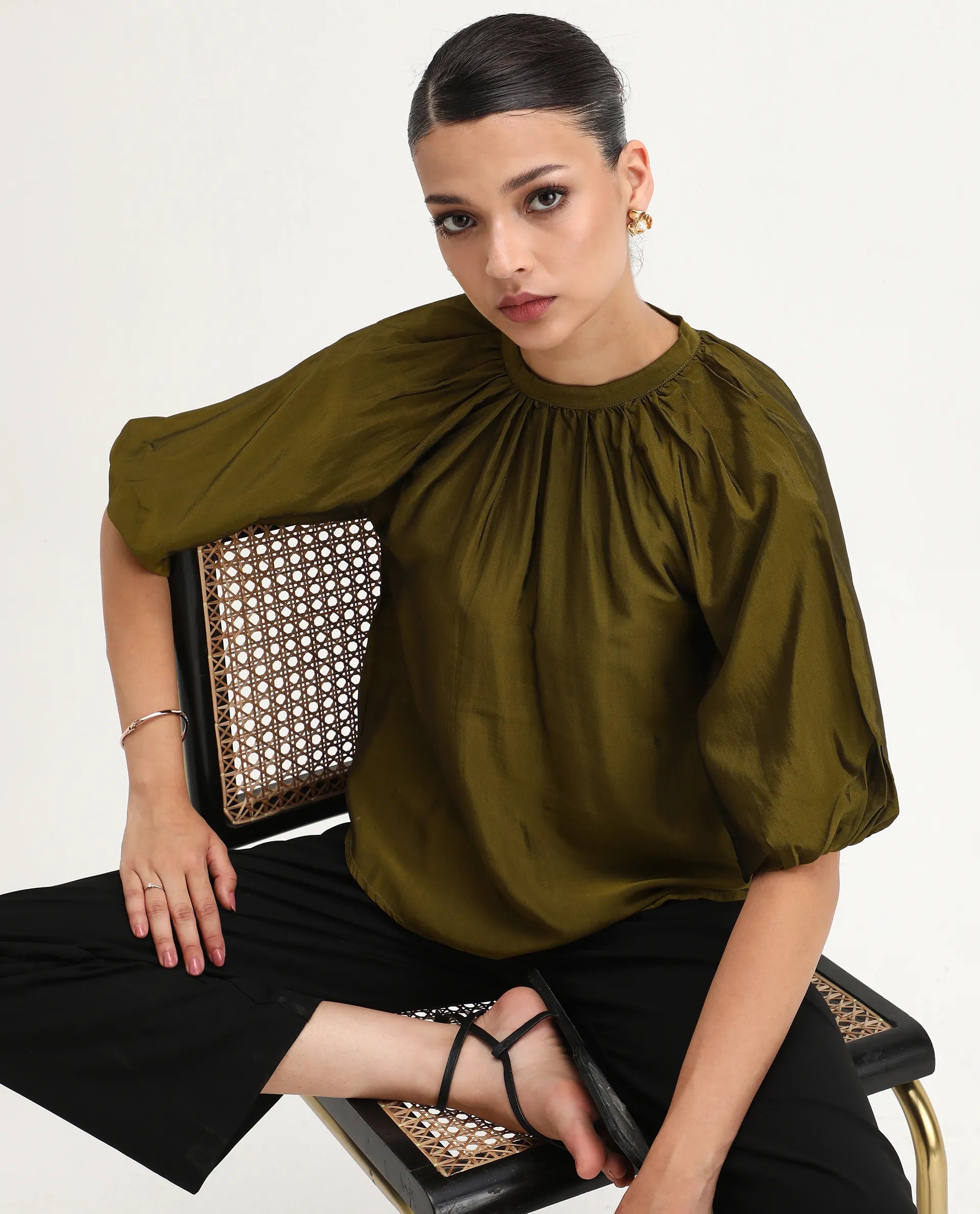 Rareism Women's Roniu Brown Polyester V-Neck Plain Kimono Sleeve Crop Regular Fit Top