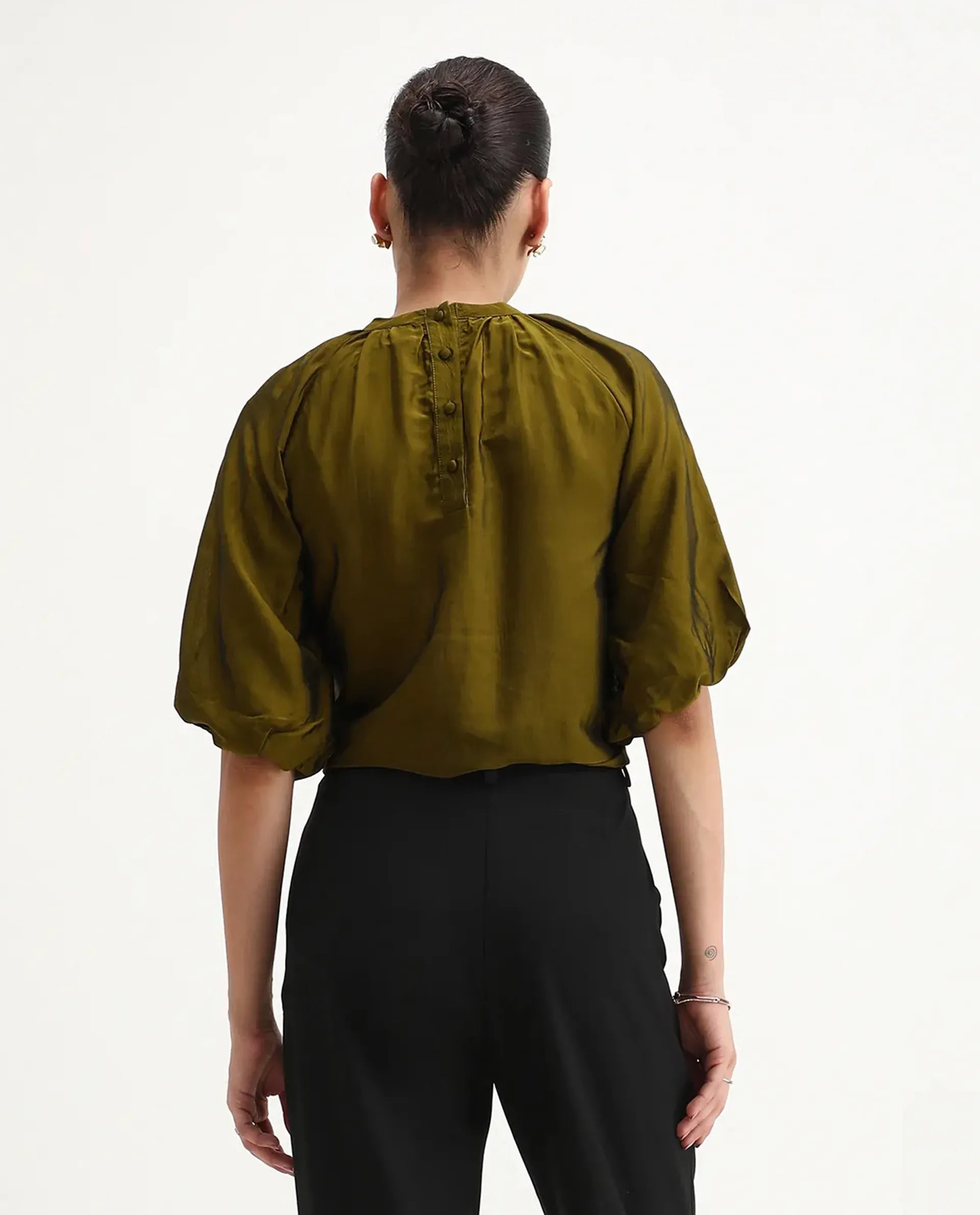 Rareism Women's Roniu Brown Polyester V-Neck Plain Kimono Sleeve Crop Regular Fit Top