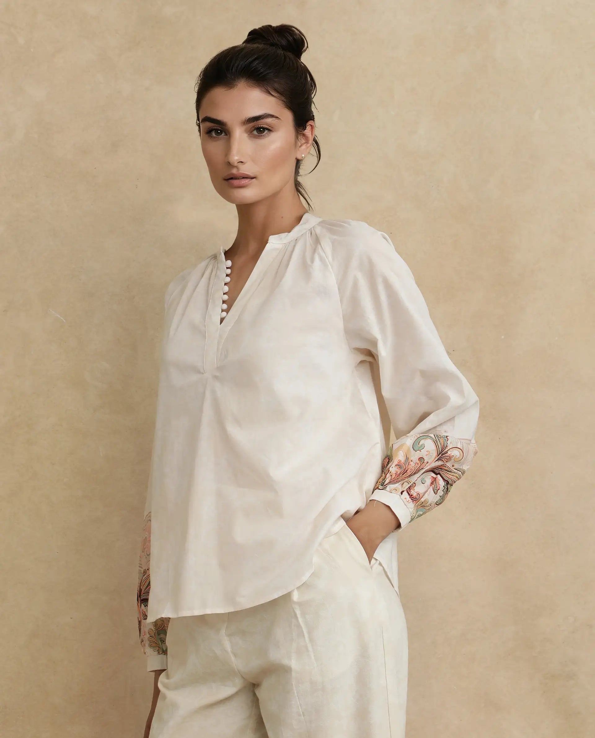 Rareism Women Roniv-T Beige Cotton Fabric Regular Sleeve V-Neck Regular Fit Paisley Print Top