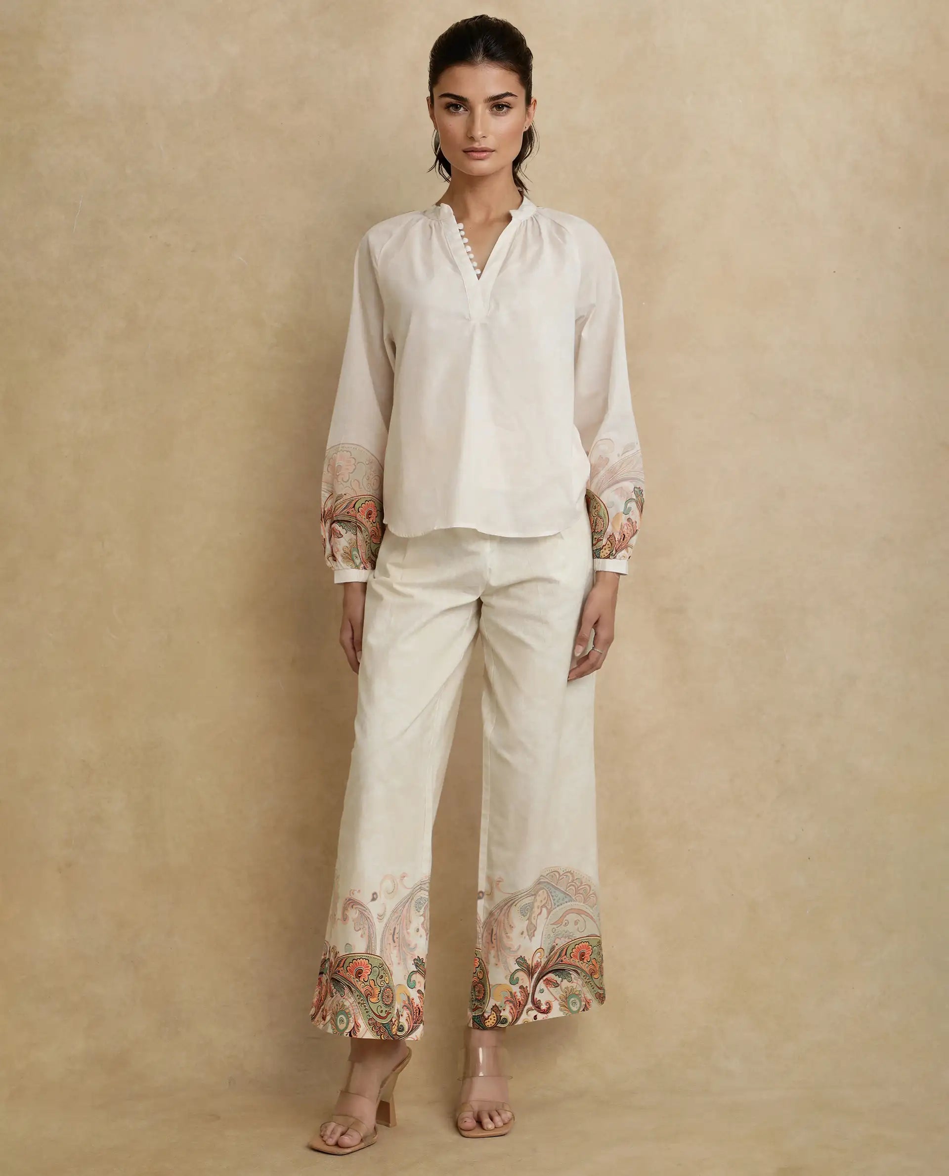 Rareism Women Roniv-T Beige Cotton Fabric Regular Sleeve V-Neck Regular Fit Paisley Print Top