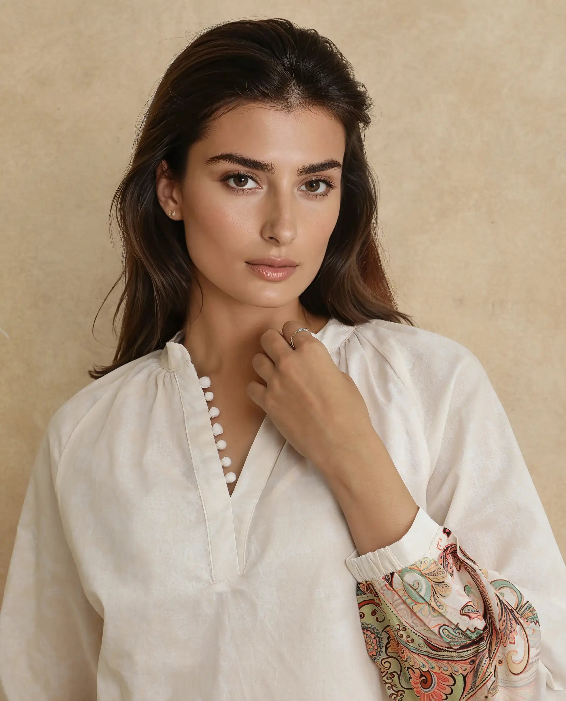 Rareism Women Roniv-T Beige Cotton Fabric Regular Sleeve V-Neck Regular Fit Paisley Print Top