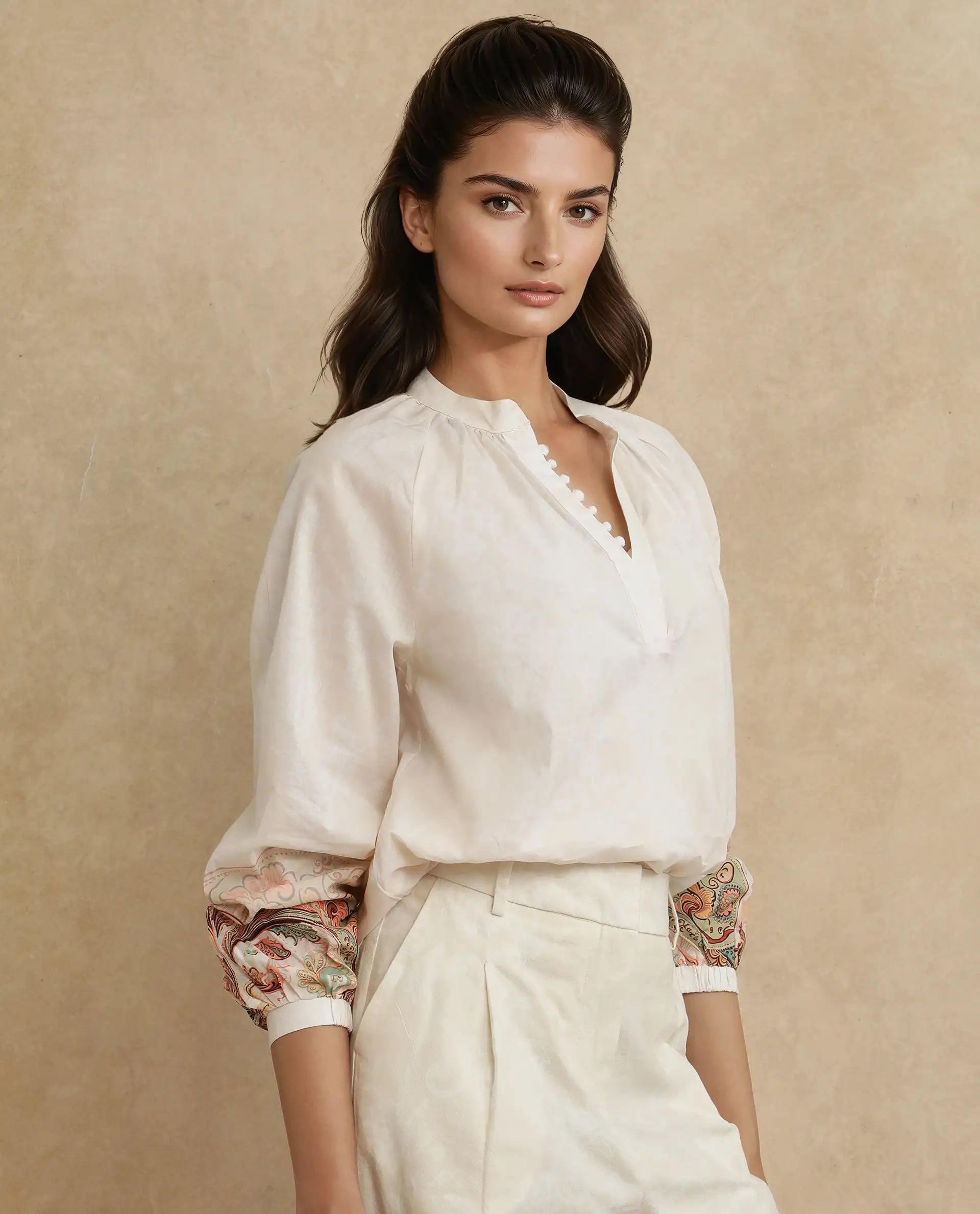 Rareism Women Roniv-T Beige Cotton Fabric Regular Sleeve V-Neck Regular Fit Paisley Print Top