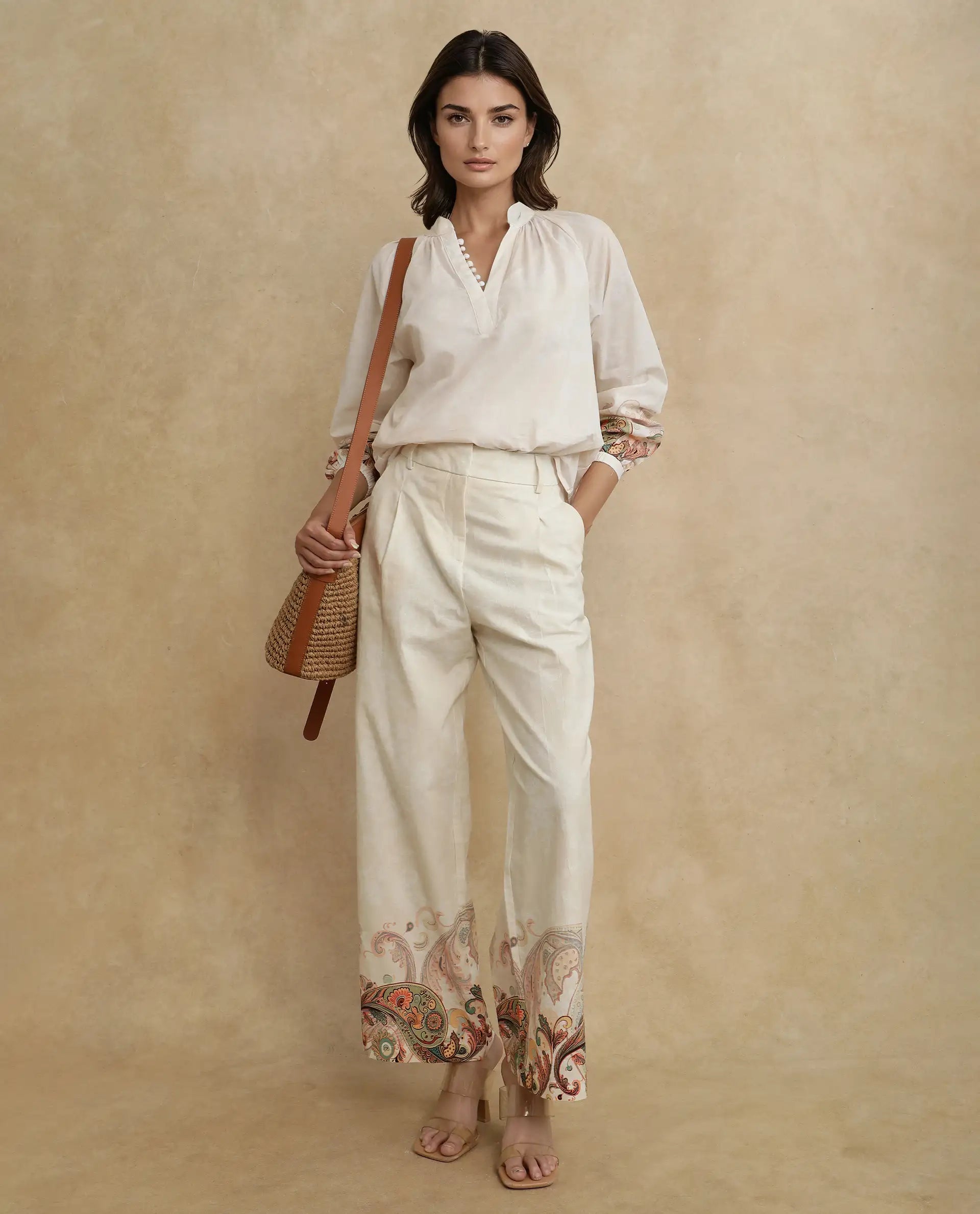 Rareism Women Roniv-T Beige Cotton Fabric Regular Sleeve V-Neck Regular Fit Paisley Print Top