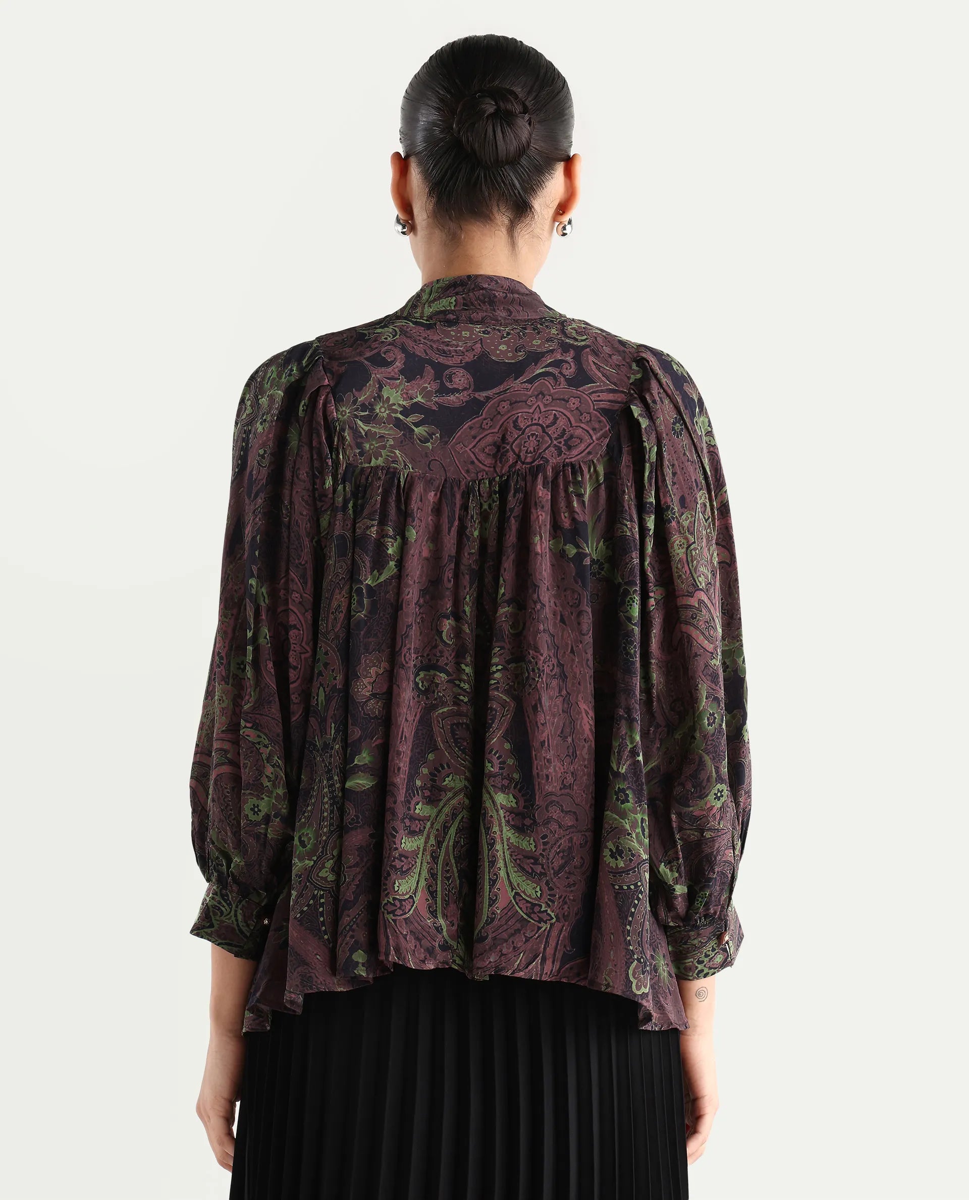 Rareism Women's Ronix Multi Viscose Tie-Up Neck Paisley Print Bishop Sleeve Relaxed Fit Top