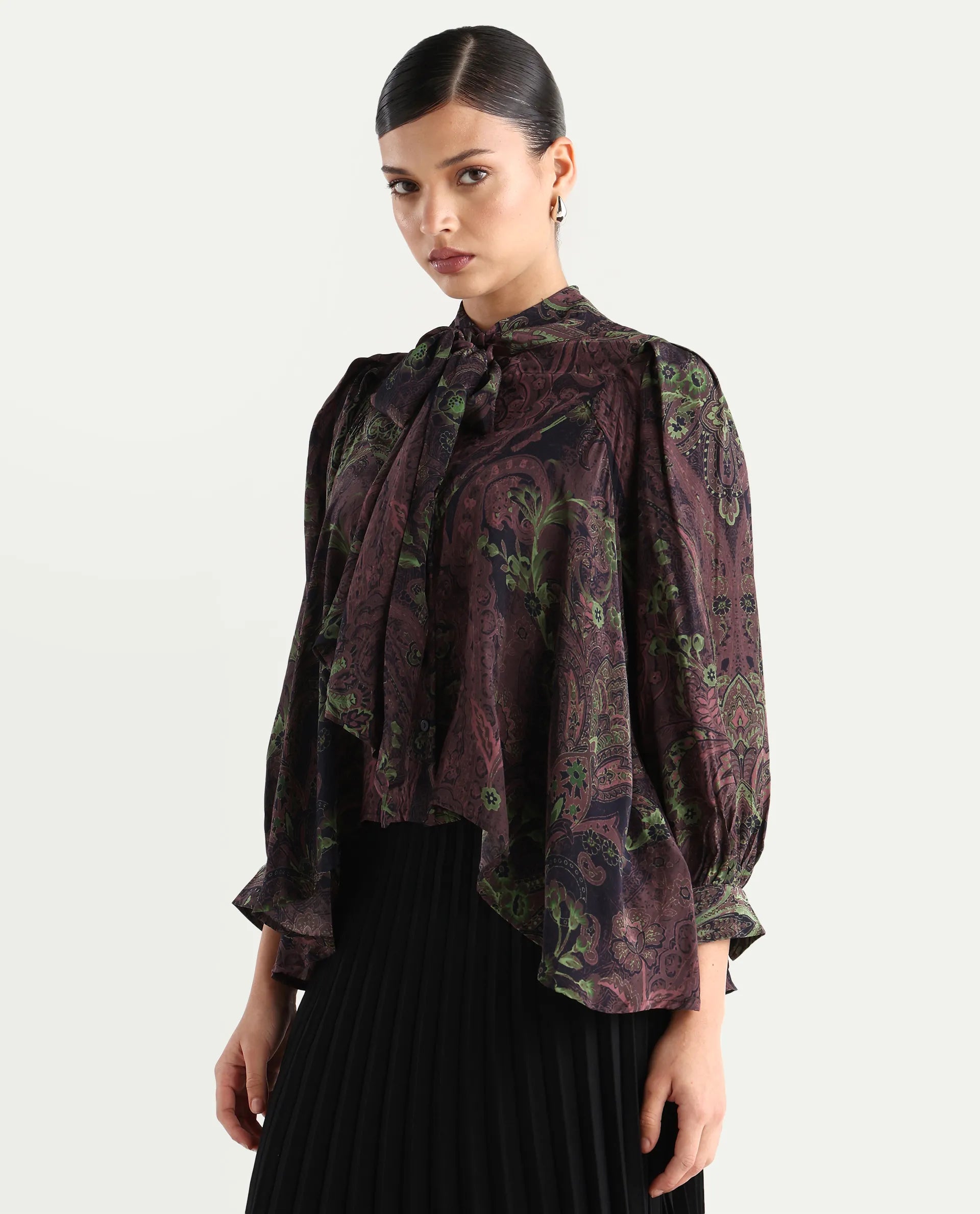 Rareism Women's Ronix Multi Viscose Tie-Up Neck Paisley Print Bishop Sleeve Relaxed Fit Top