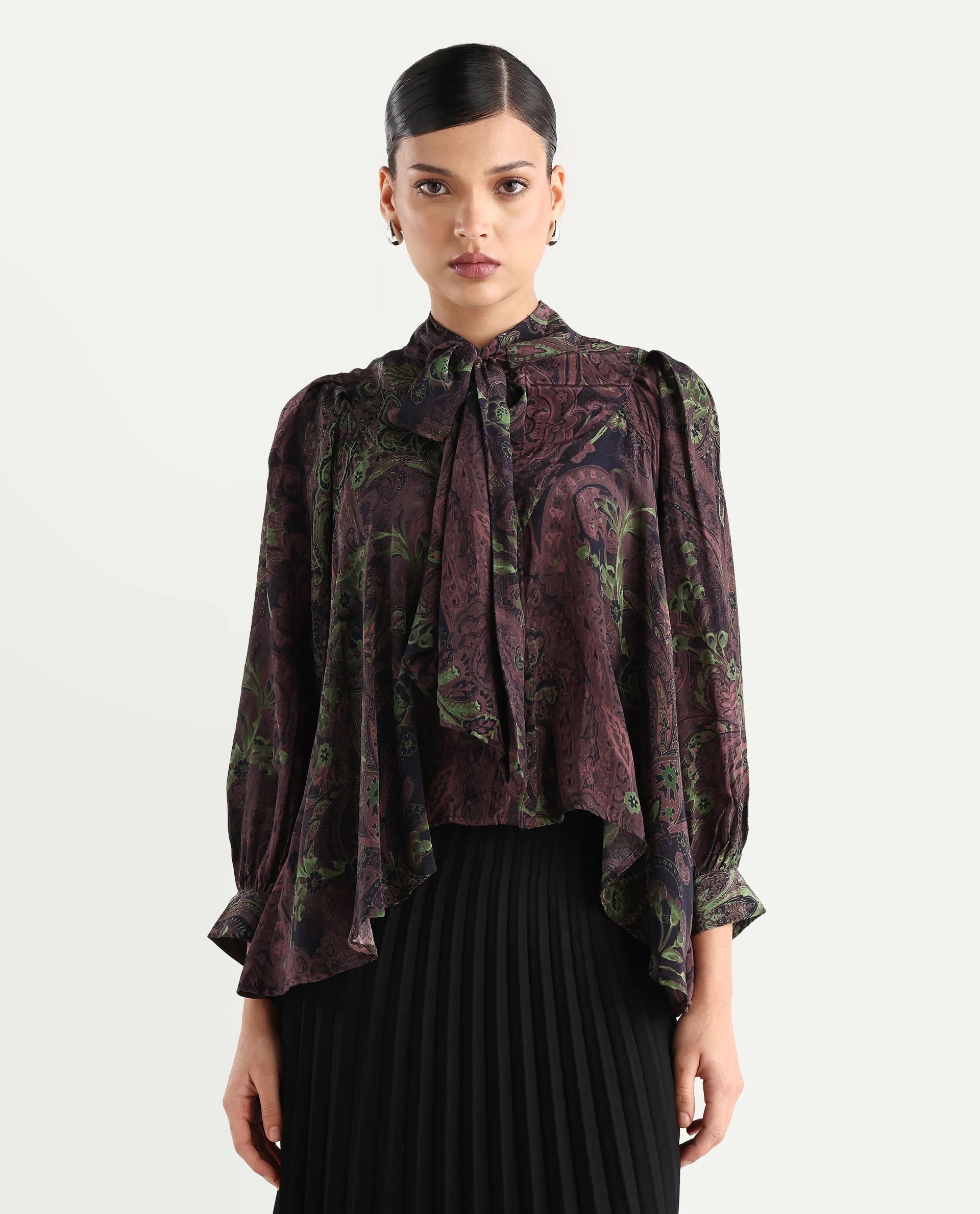 Rareism Women's Ronix Multi Viscose Tie-Up Neck Paisley Print Bishop Sleeve Relaxed Fit Top