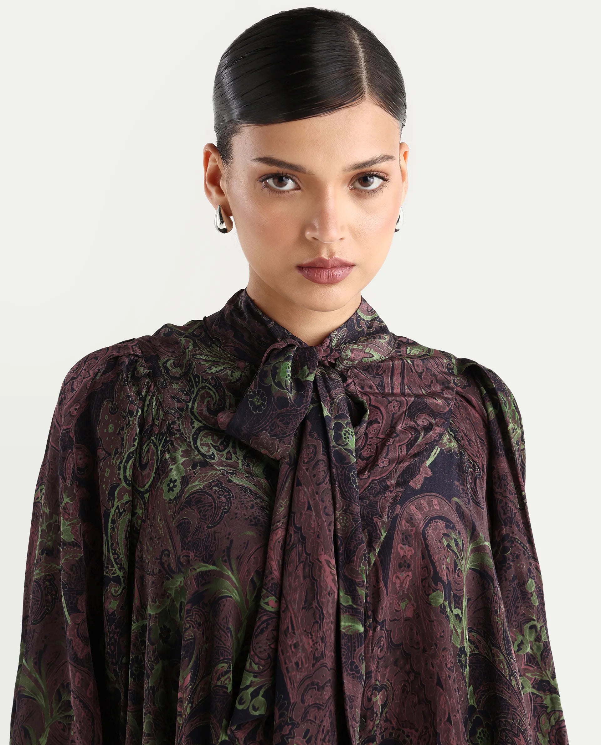 Rareism Women's Ronix Multi Viscose Tie-Up Neck Paisley Print Bishop Sleeve Relaxed Fit Top