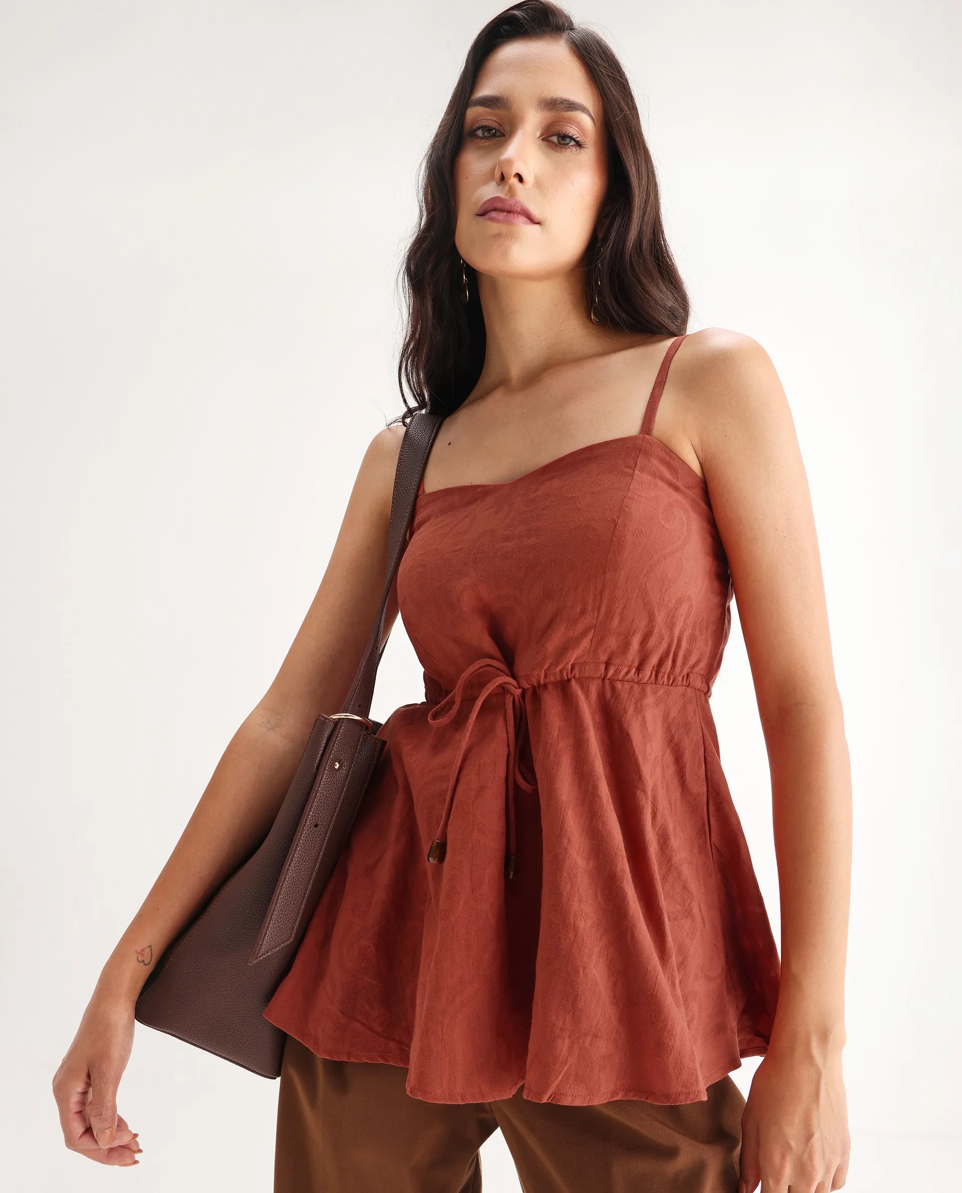 Rareism Women's Ronk Rust Cotton Sweetheart Neck Plain Sleeveless Crop Fit And Flare Top