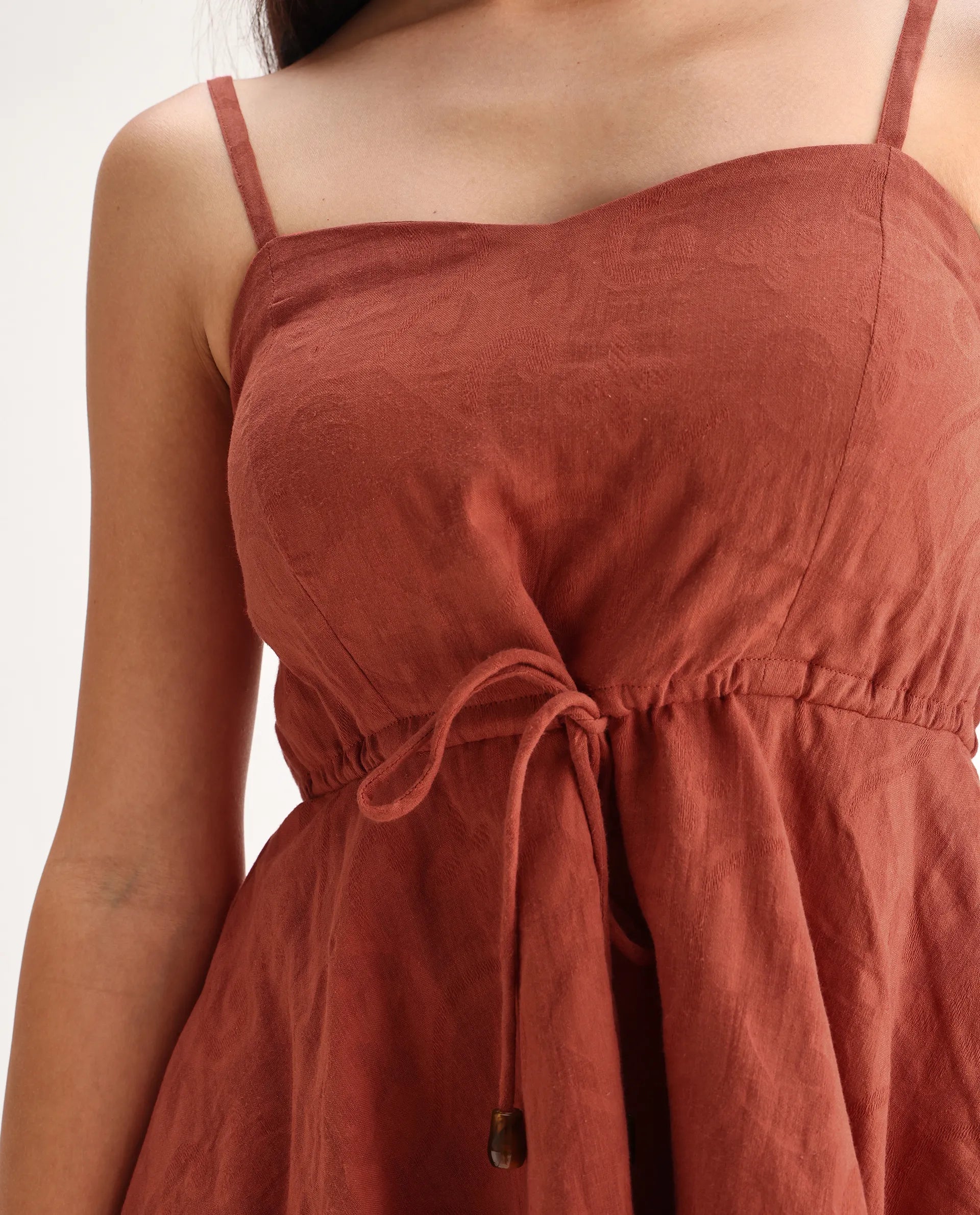 Rareism Women's Ronk Rust Cotton Sweetheart Neck Plain Sleeveless Crop Fit And Flare Top