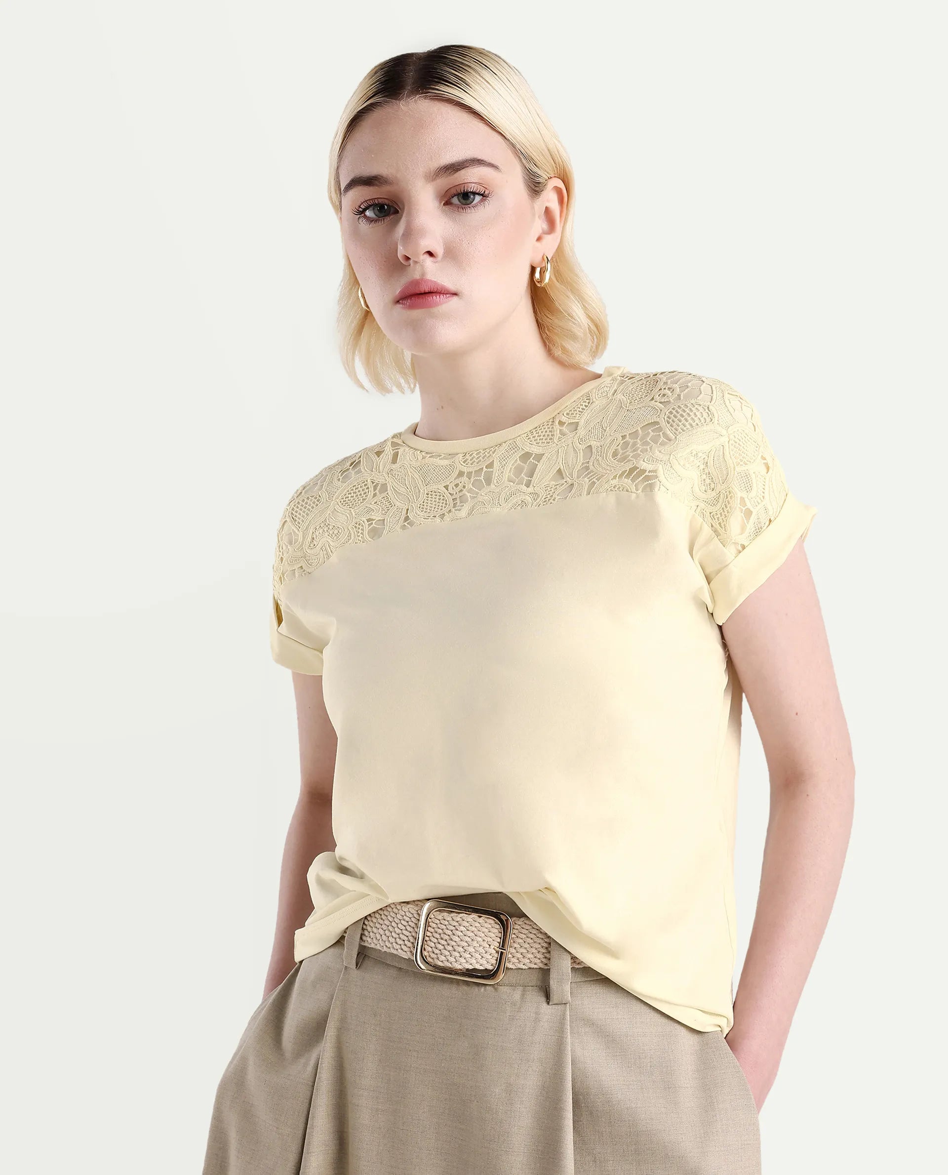 Rareism Women's Ronlac Off White Cotton Blend Round Neck Plain Extended Sleeves Regular Fit T-Shirt