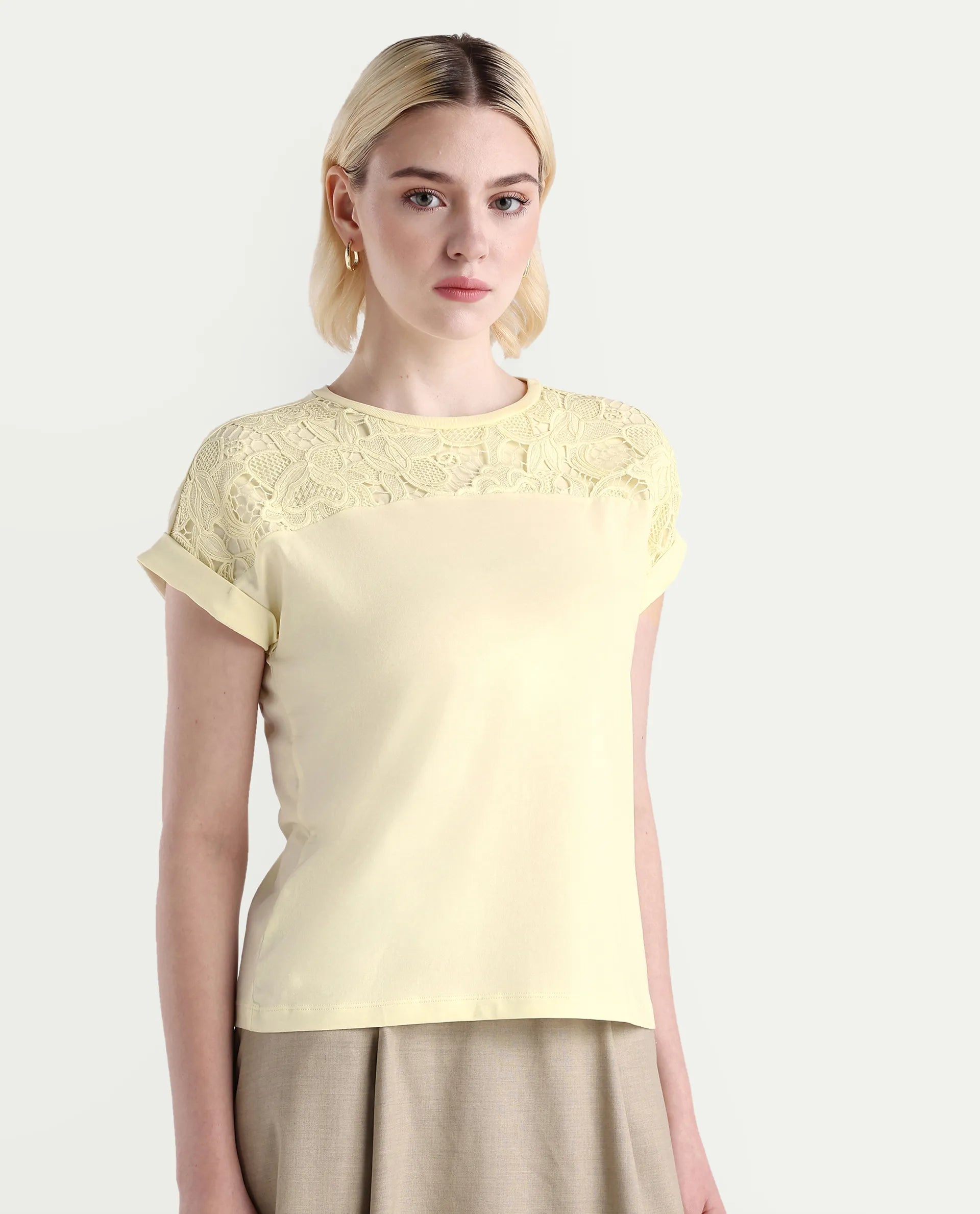 Rareism Women's Ronlac Off White Cotton Blend Round Neck Plain Extended Sleeves Regular Fit T-Shirt