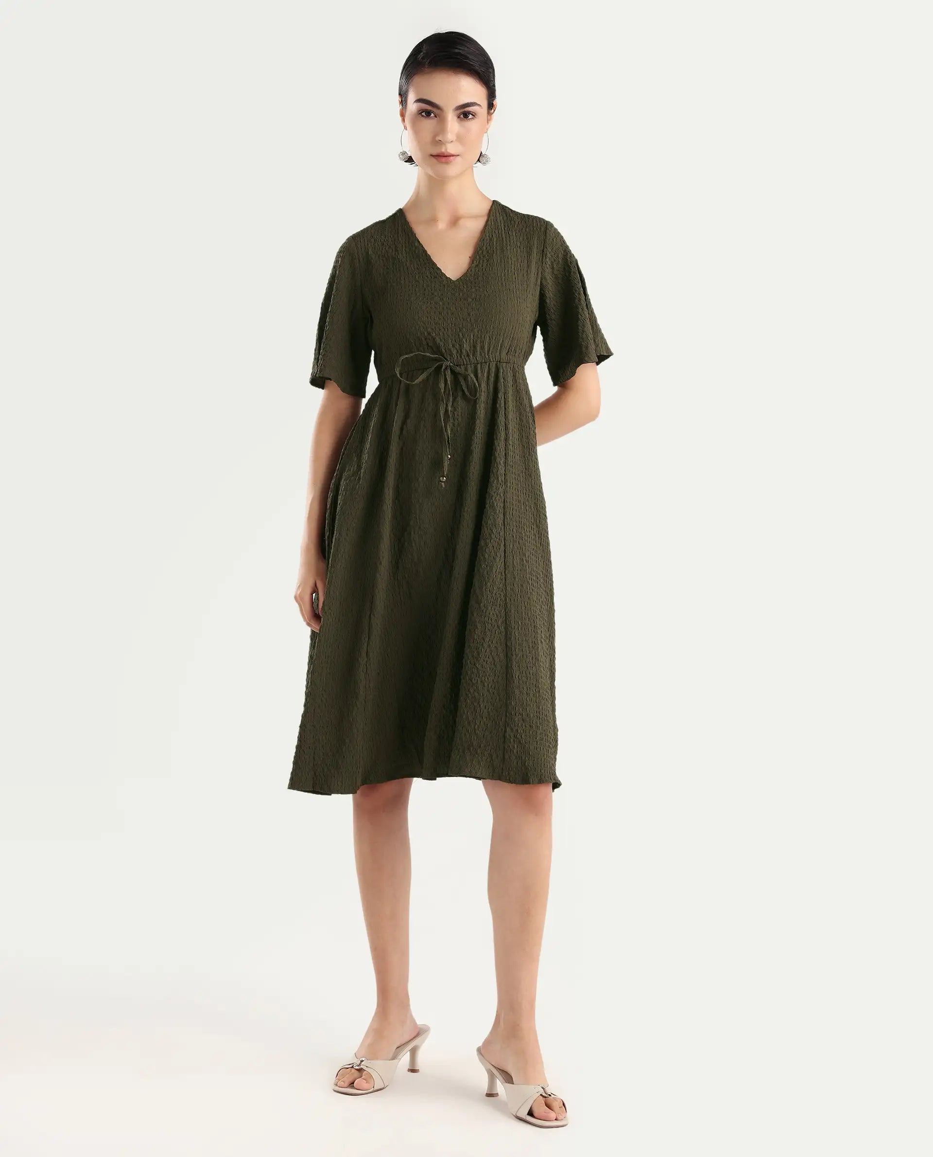 Rareism Women's Ronmien Olive Polyester V-Neck Plain Bell Sleeve Midi A-Line Dress