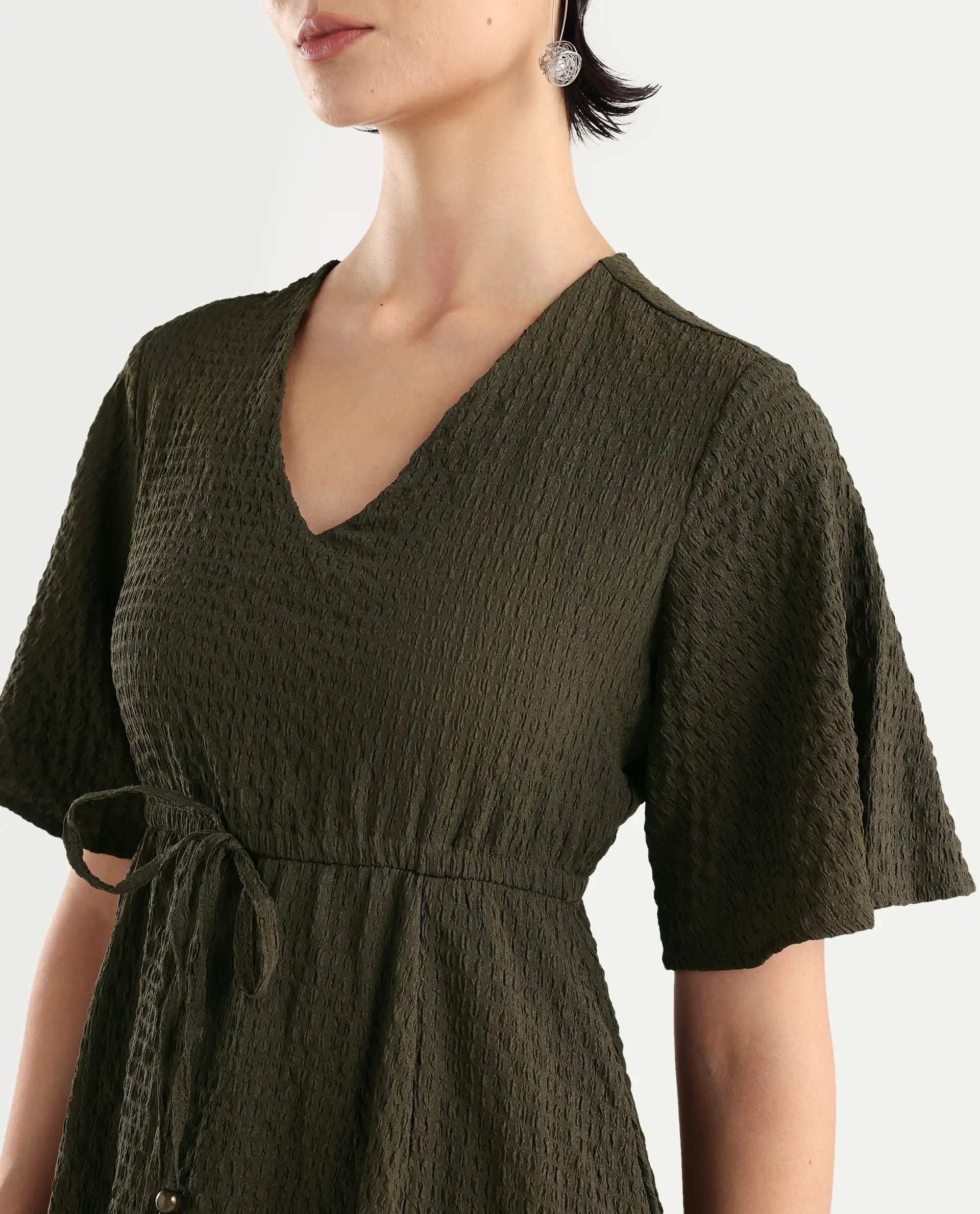 Rareism Women's Ronmien Olive Polyester V-Neck Plain Bell Sleeve Midi A-Line Dress