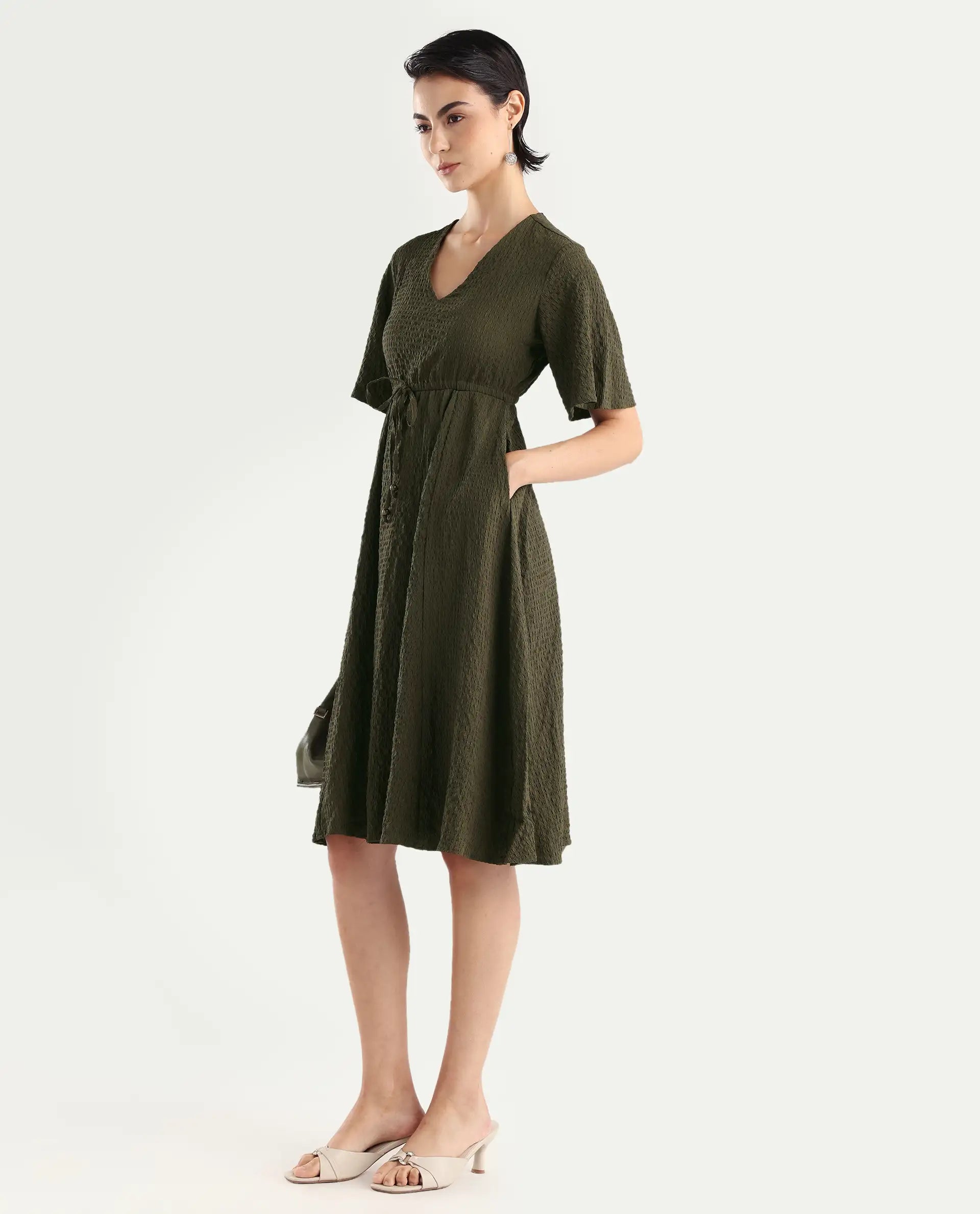 Rareism Women's Ronmien Olive Polyester V-Neck Plain Bell Sleeve Midi A-Line Dress