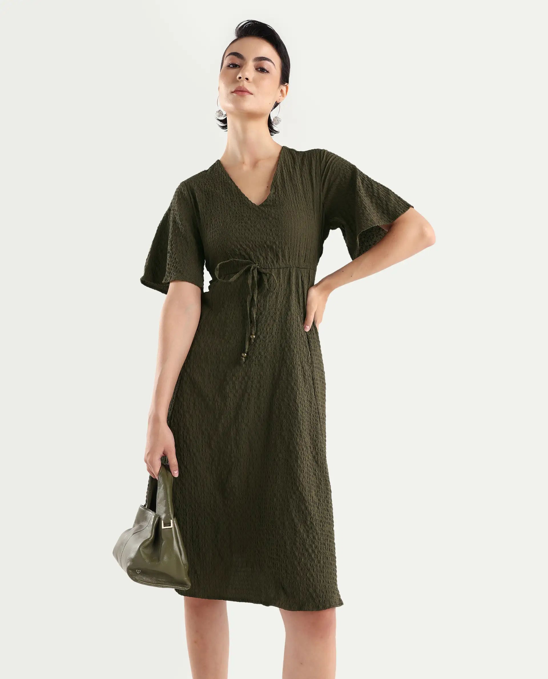 Rareism Women's Ronmien Olive Polyester V-Neck Plain Bell Sleeve Midi A-Line Dress