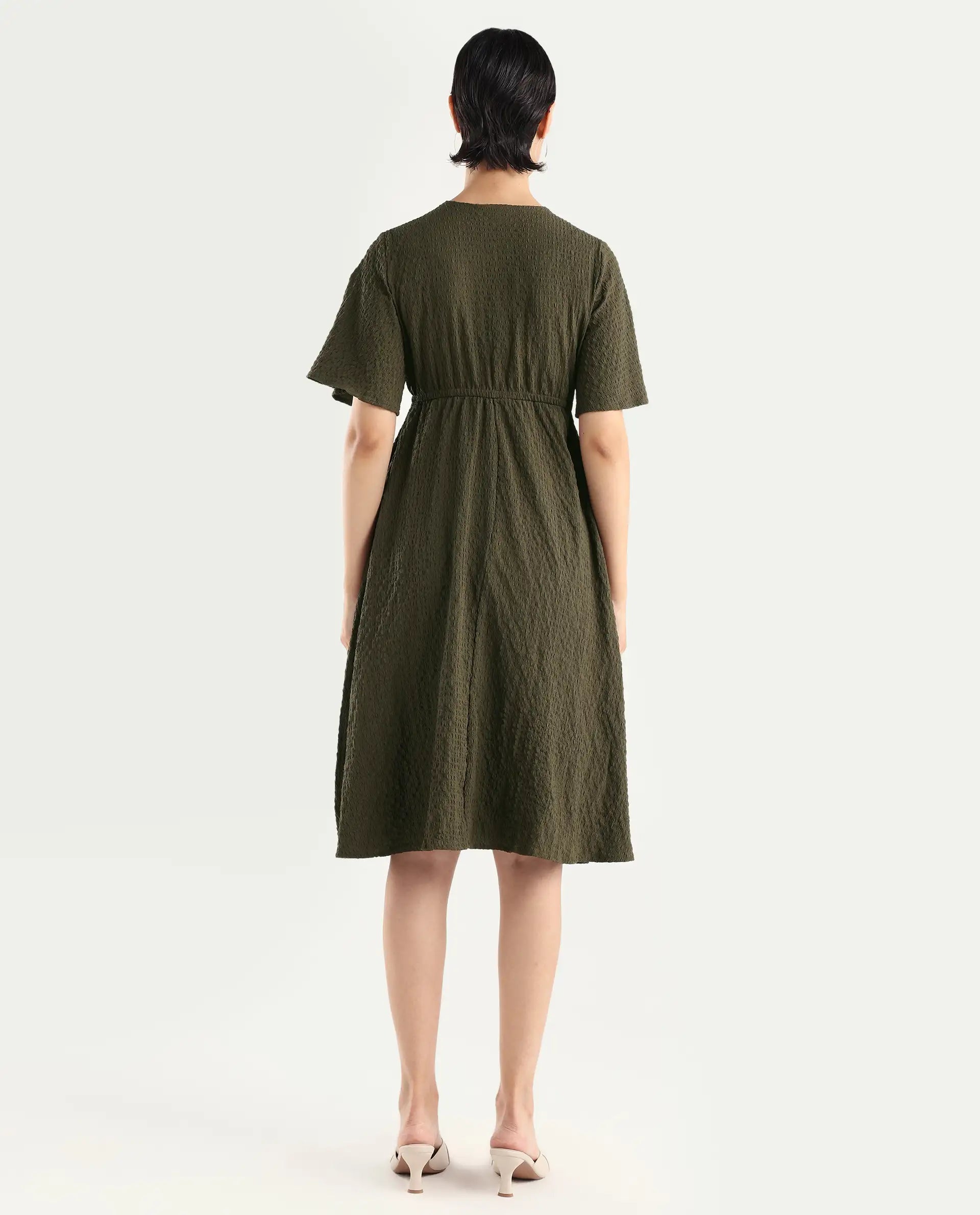 Rareism Women's Ronmien Olive Polyester V-Neck Plain Bell Sleeve Midi A-Line Dress