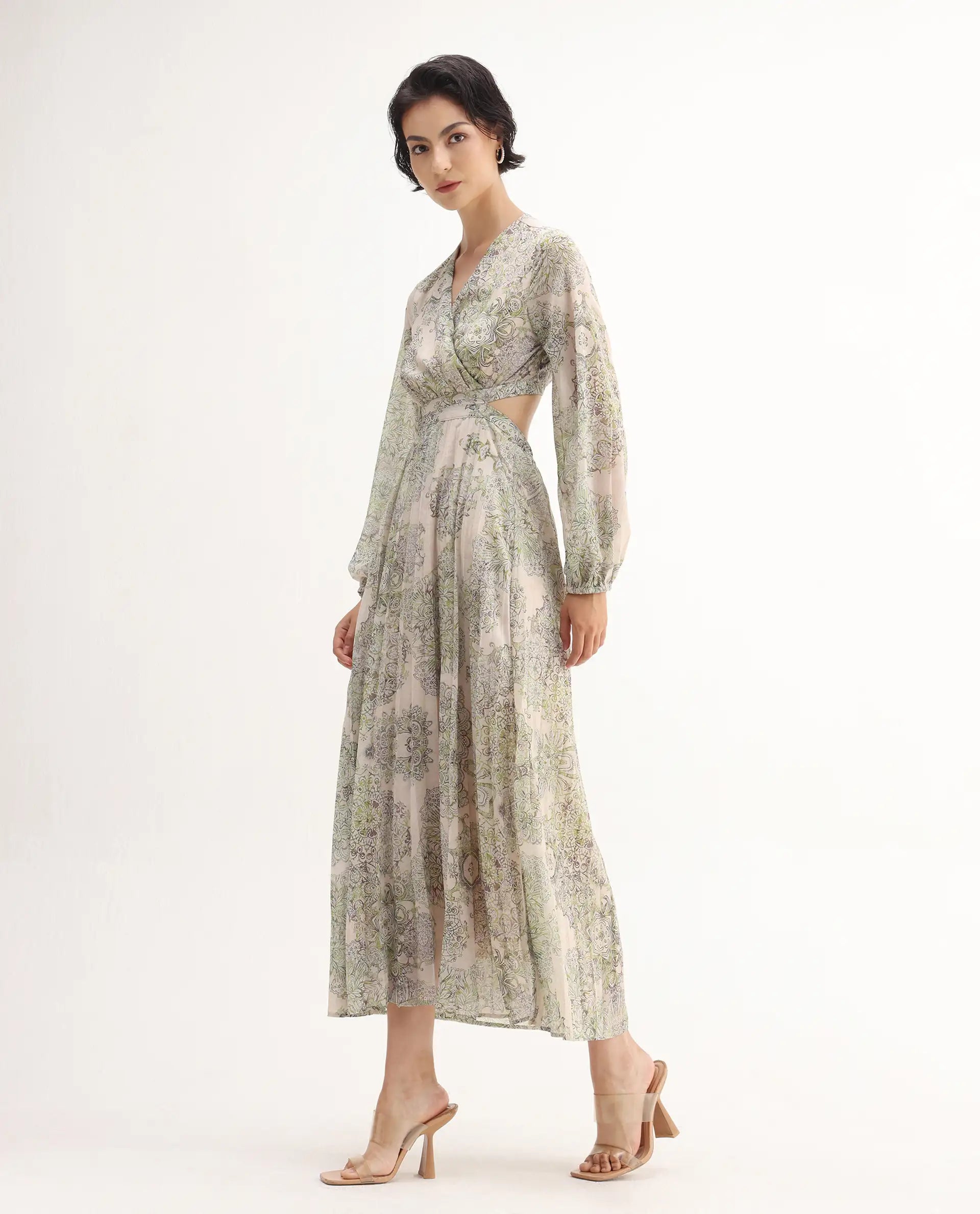 Rareism Women's Ronmus Light Green Polyester V-Neck Abstract Print Bishop Sleeve Maxi Fit And Flare Dress