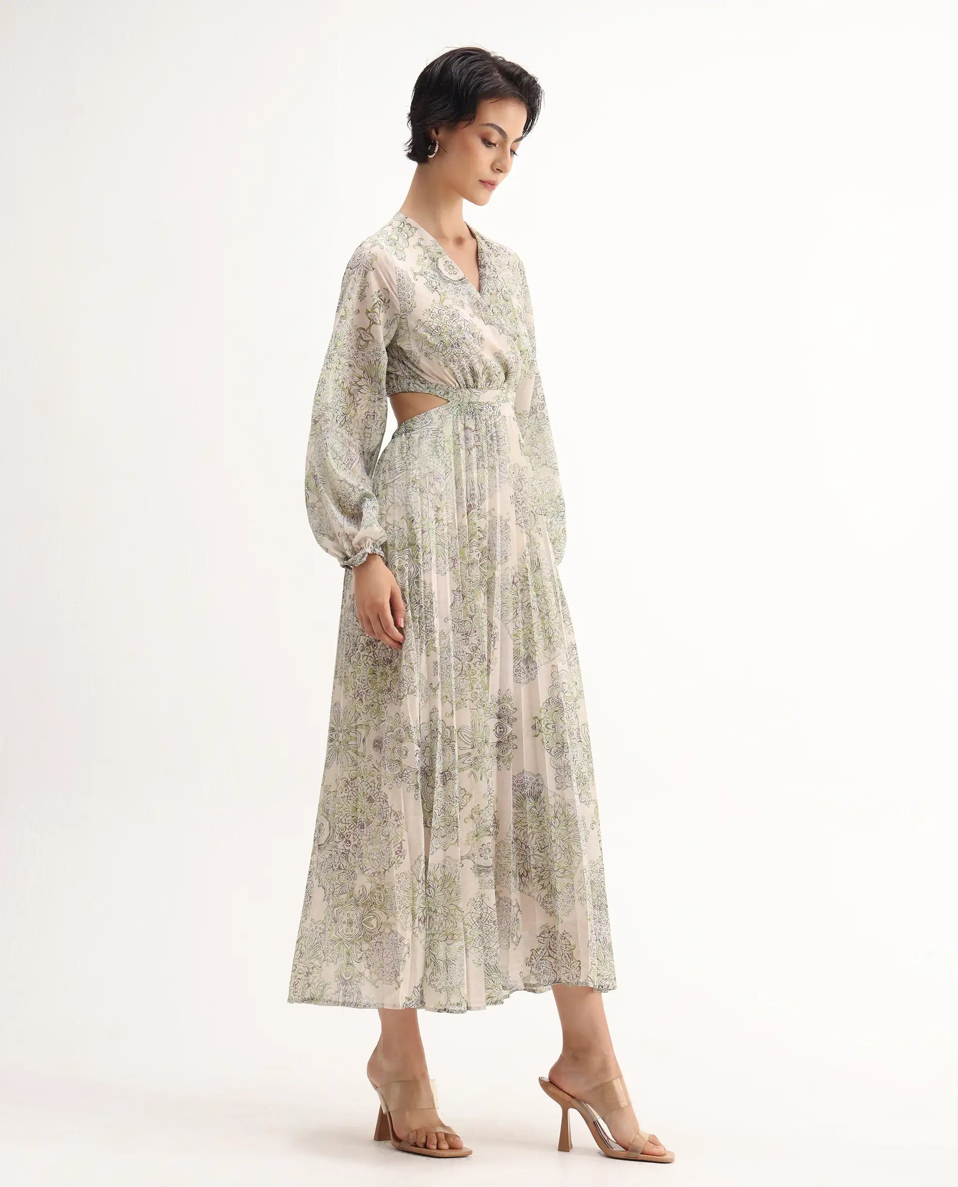 Rareism Women's Ronmus Light Green Polyester V-Neck Abstract Print Bishop Sleeve Maxi Fit And Flare Dress