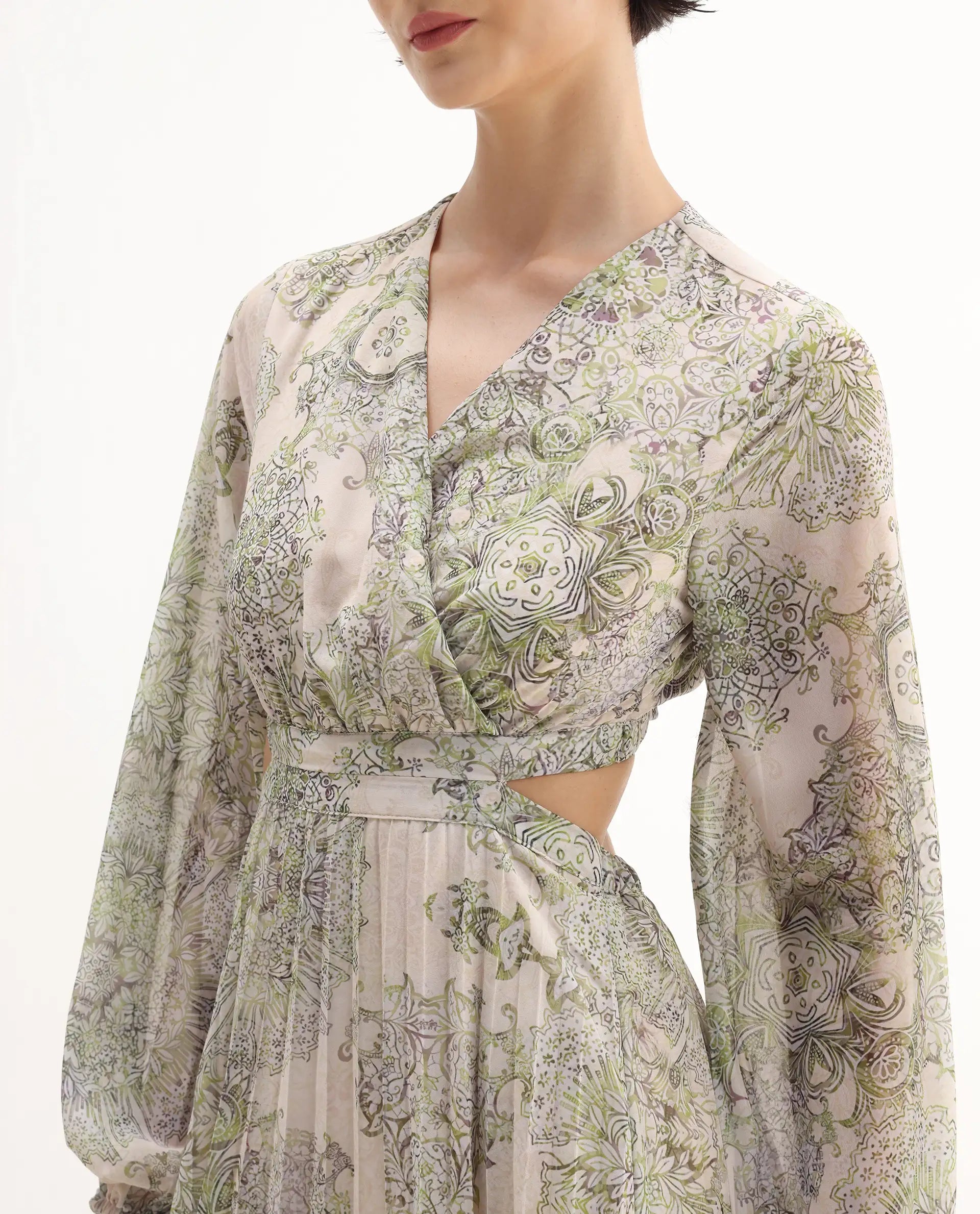 Rareism Women's Ronmus Light Green Polyester V-Neck Abstract Print Bishop Sleeve Maxi Fit And Flare Dress