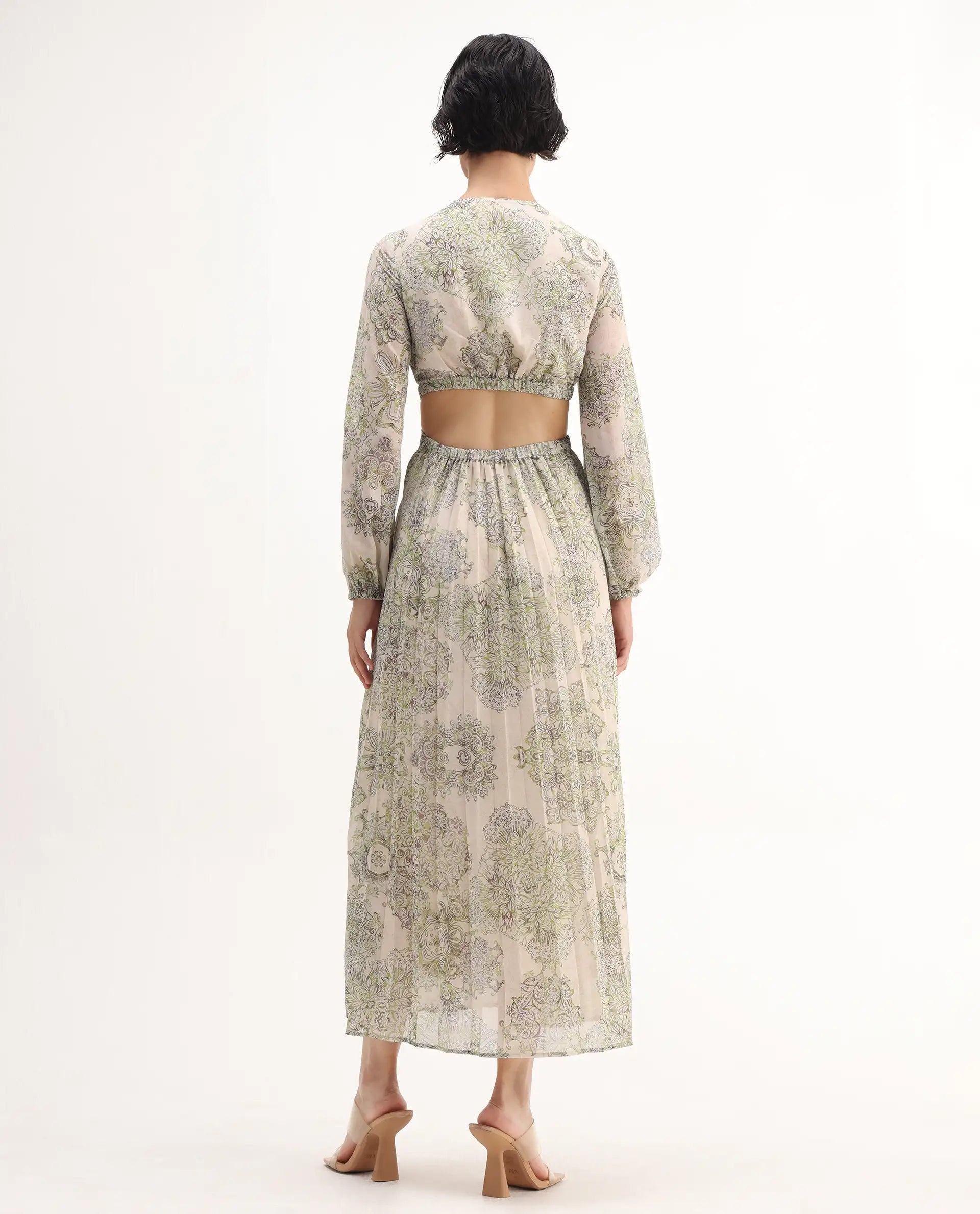 Rareism Women's Ronmus Light Green Polyester V-Neck Abstract Print Bishop Sleeve Maxi Fit And Flare Dress