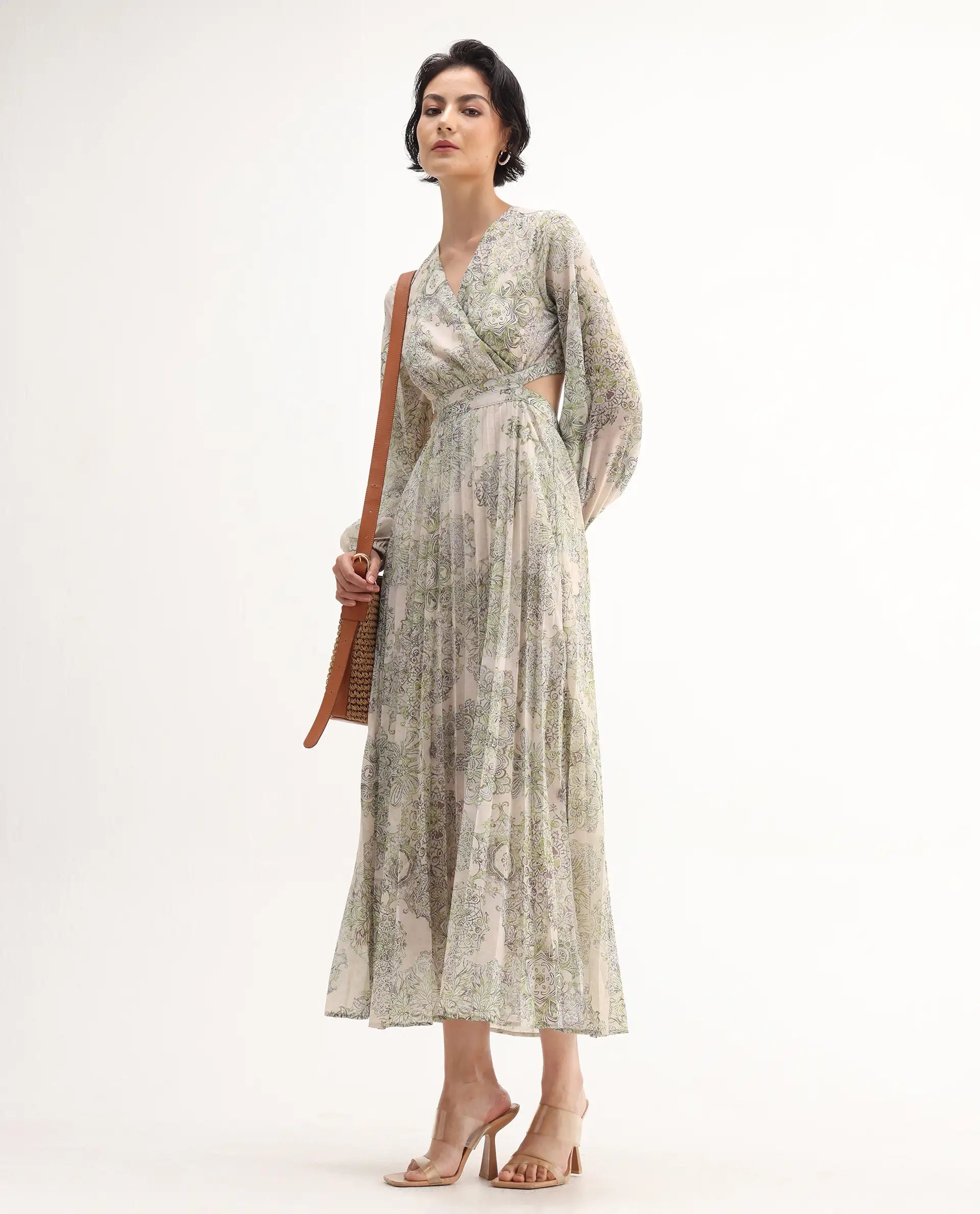 Rareism Women's Ronmus Light Green Polyester V-Neck Abstract Print Bishop Sleeve Maxi Fit And Flare Dress