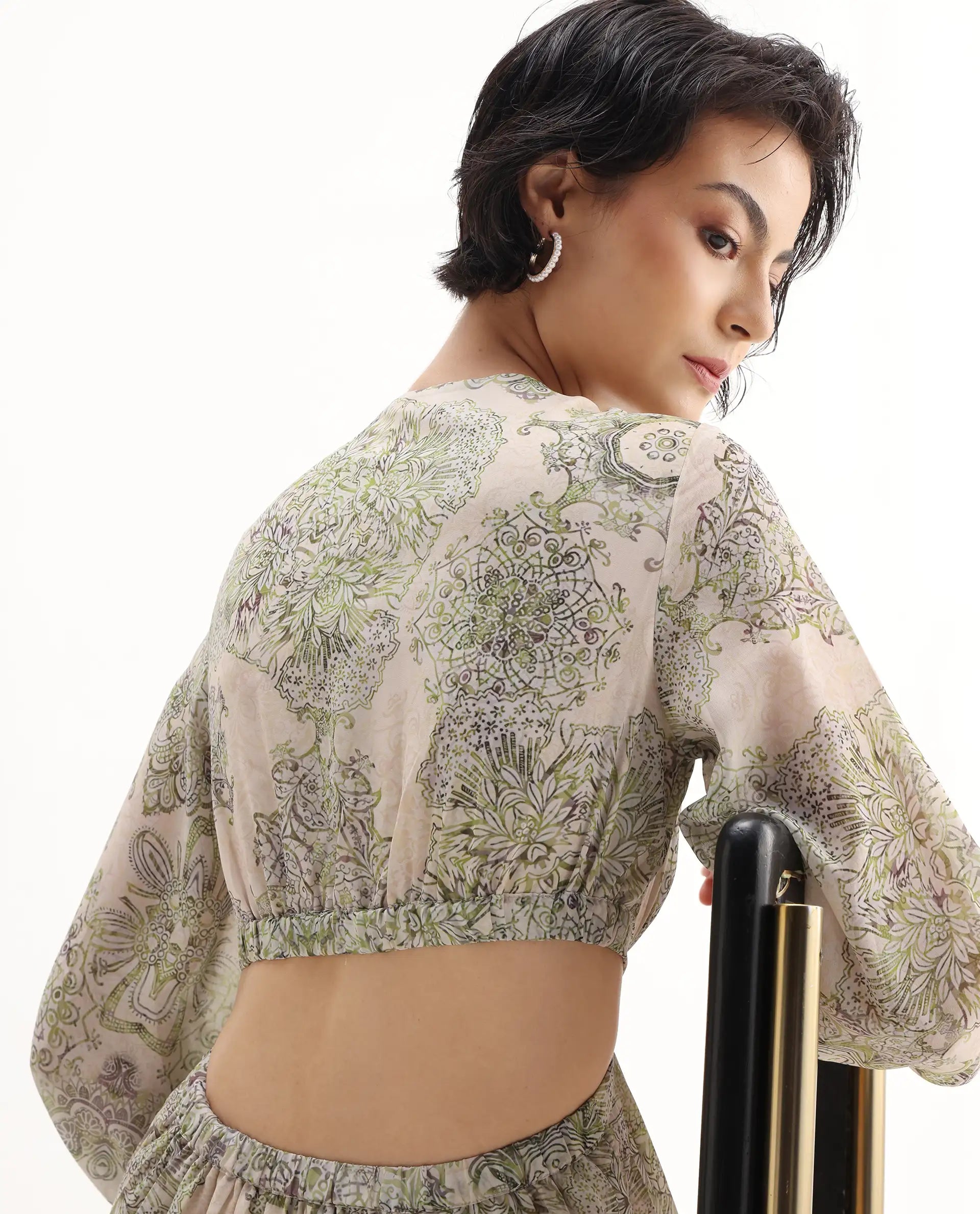 Rareism Women's Ronmus Light Green Polyester V-Neck Abstract Print Bishop Sleeve Maxi Fit And Flare Dress