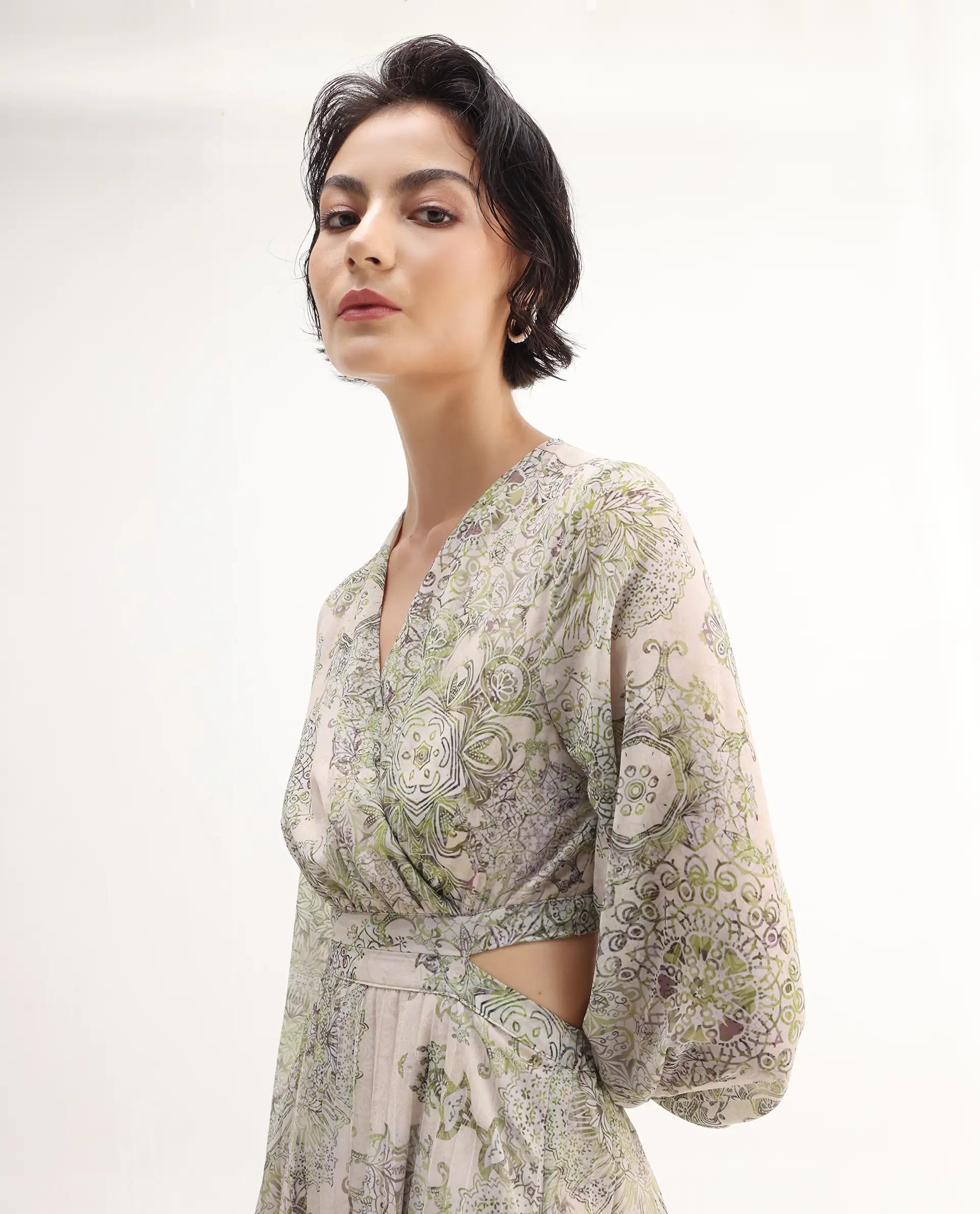 Rareism Women's Ronmus Light Green Polyester V-Neck Abstract Print Bishop Sleeve Maxi Fit And Flare Dress