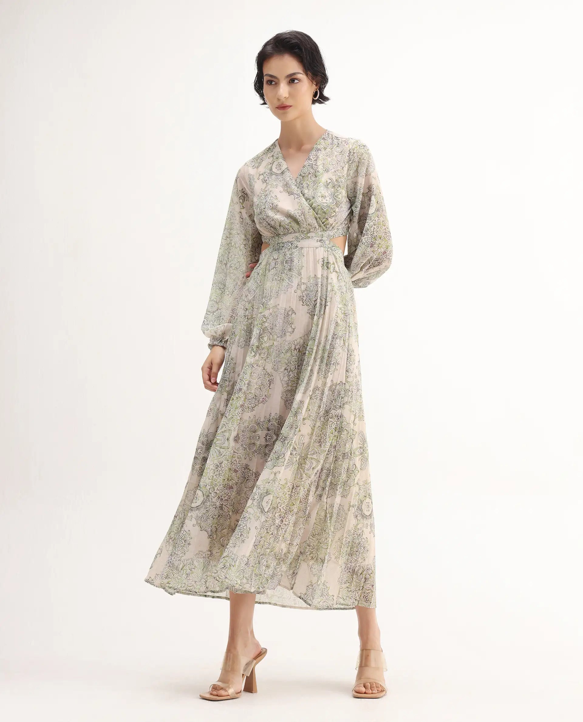 Rareism Women's Ronmus Light Green Polyester V-Neck Abstract Print Bishop Sleeve Maxi Fit And Flare Dress