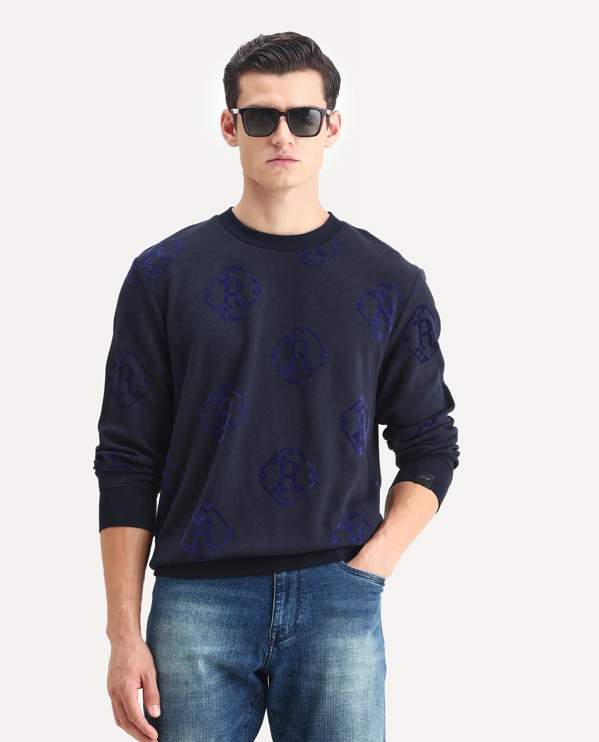 Rare Rabbit Men's Ron Navy Cotton Monogram Print Regular Fit Full Sleeve Crew Neck Sweatshirt