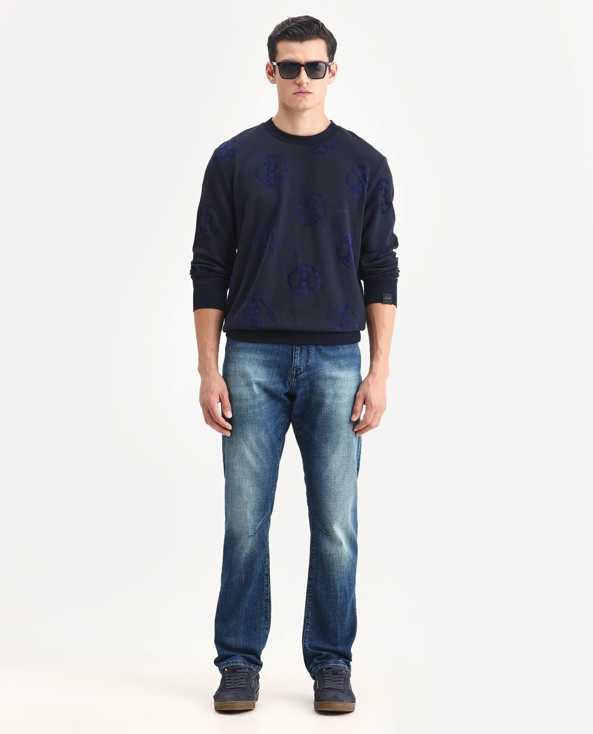 Rare Rabbit Men's Ron Navy Cotton Monogram Print Regular Fit Full Sleeve Crew Neck Sweatshirt