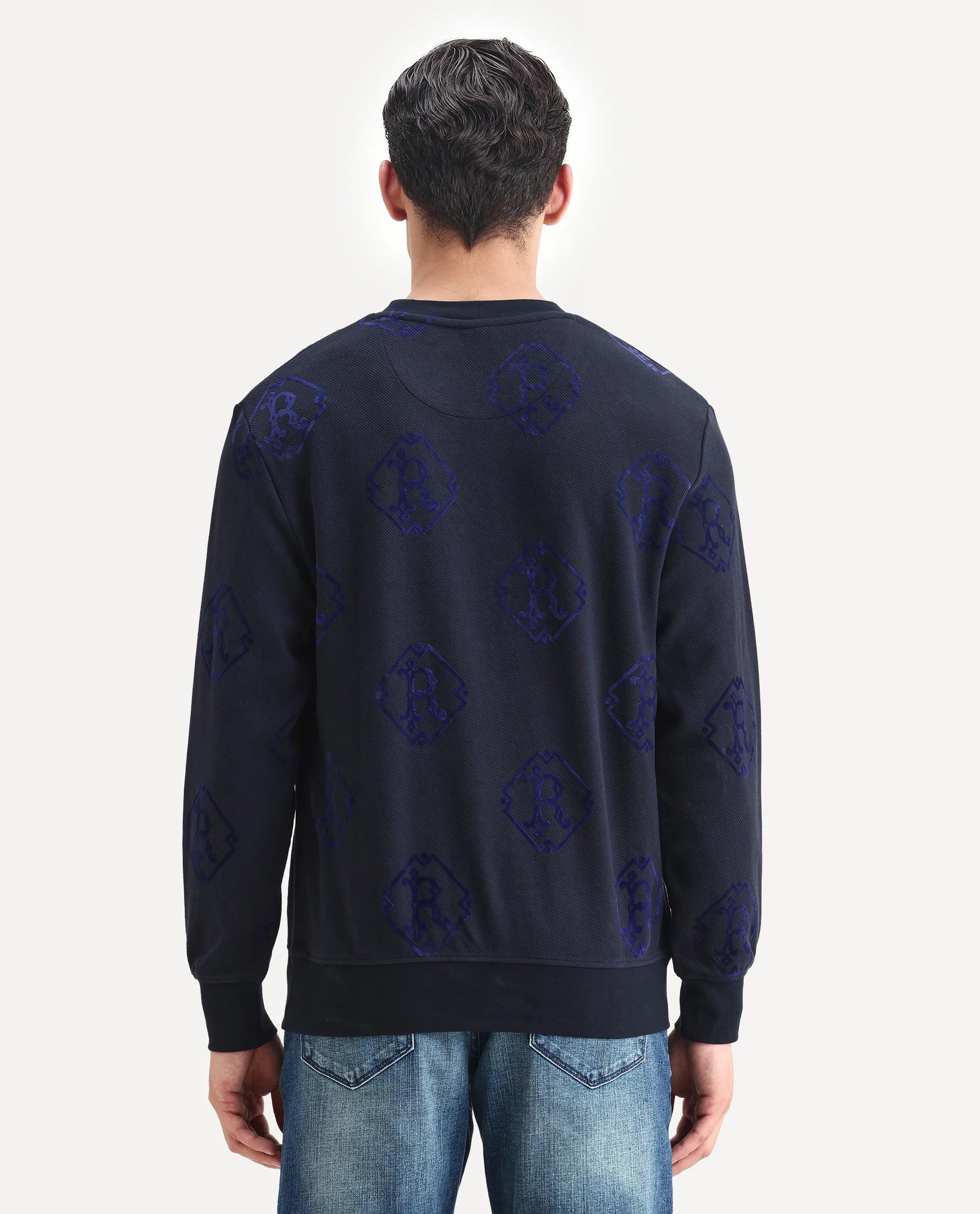 Rare Rabbit Men's Ron Navy Cotton Monogram Print Regular Fit Full Sleeve Crew Neck Sweatshirt