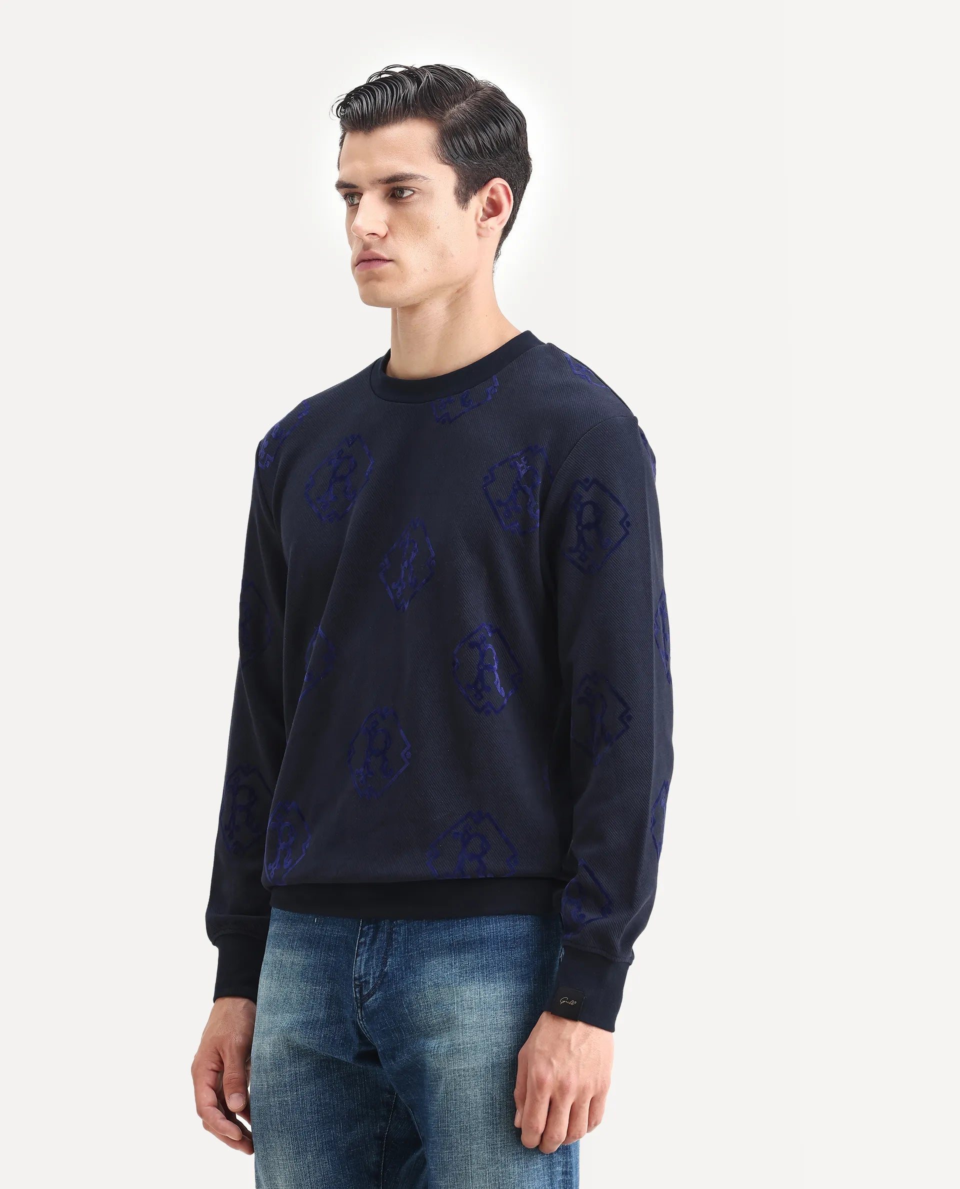 Rare Rabbit Men's Ron Navy Cotton Monogram Print Regular Fit Full Sleeve Crew Neck Sweatshirt