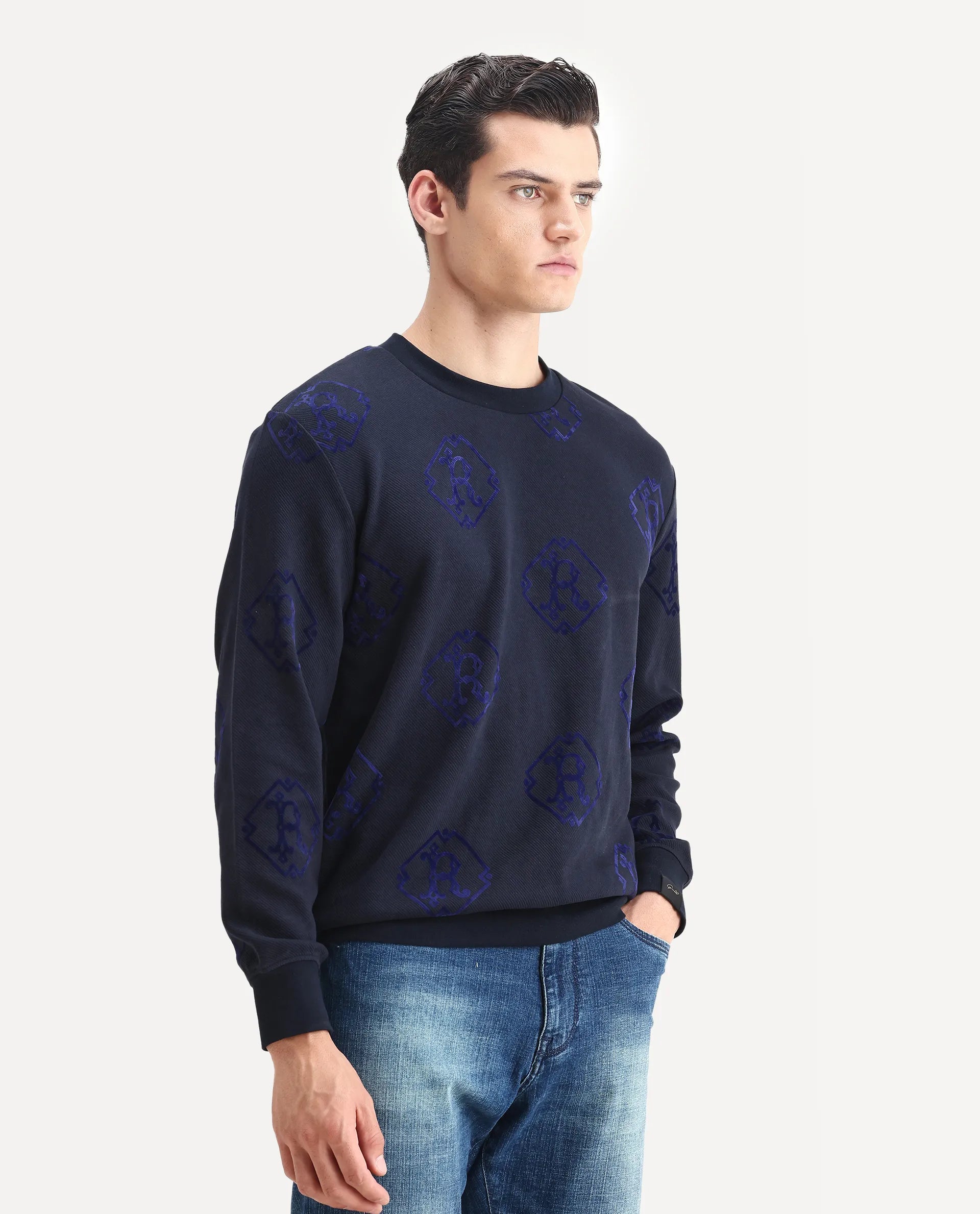 Rare Rabbit Men's Ron Navy Cotton Monogram Print Regular Fit Full Sleeve Crew Neck Sweatshirt