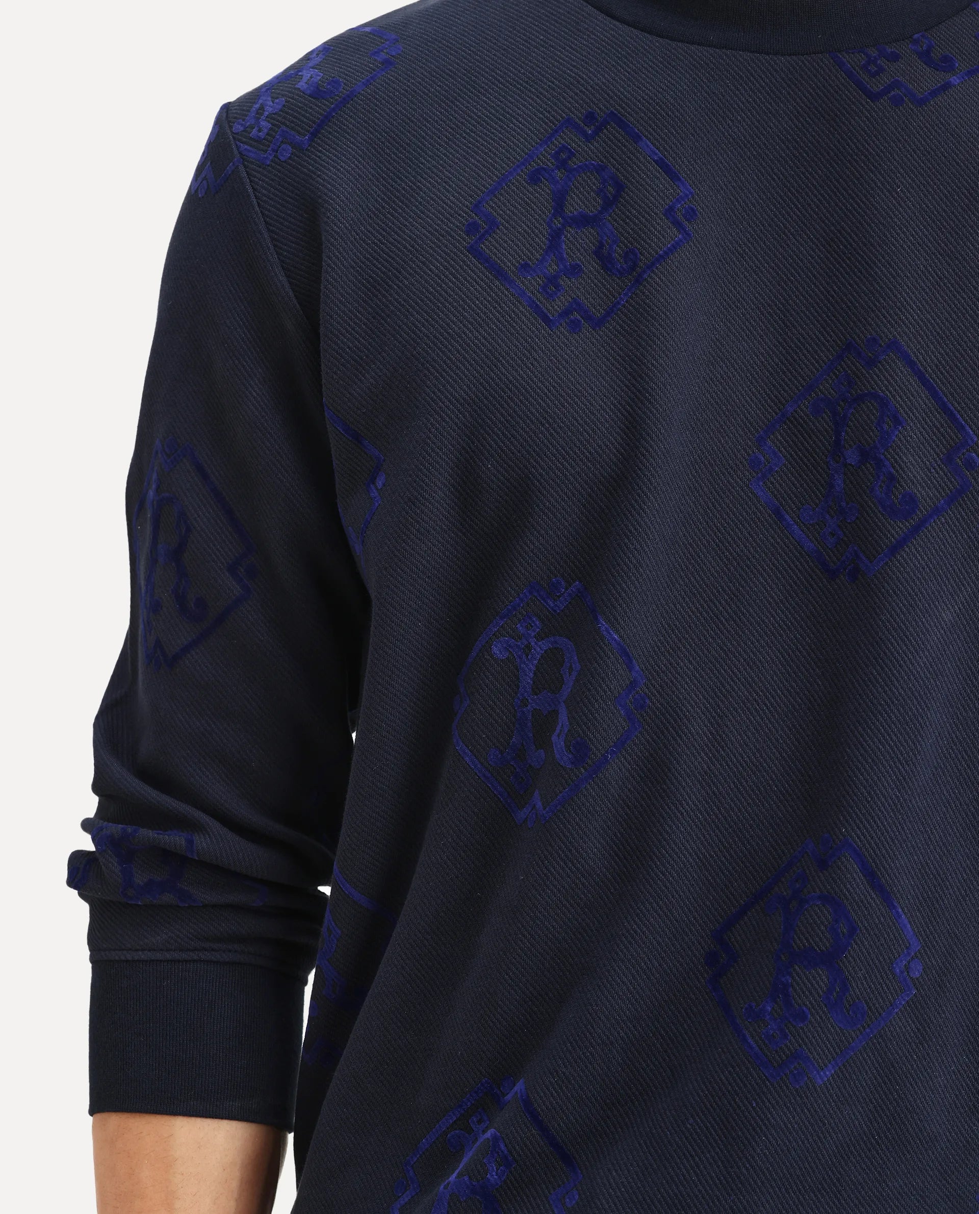 Rare Rabbit Men's Ron Navy Cotton Monogram Print Regular Fit Full Sleeve Crew Neck Sweatshirt