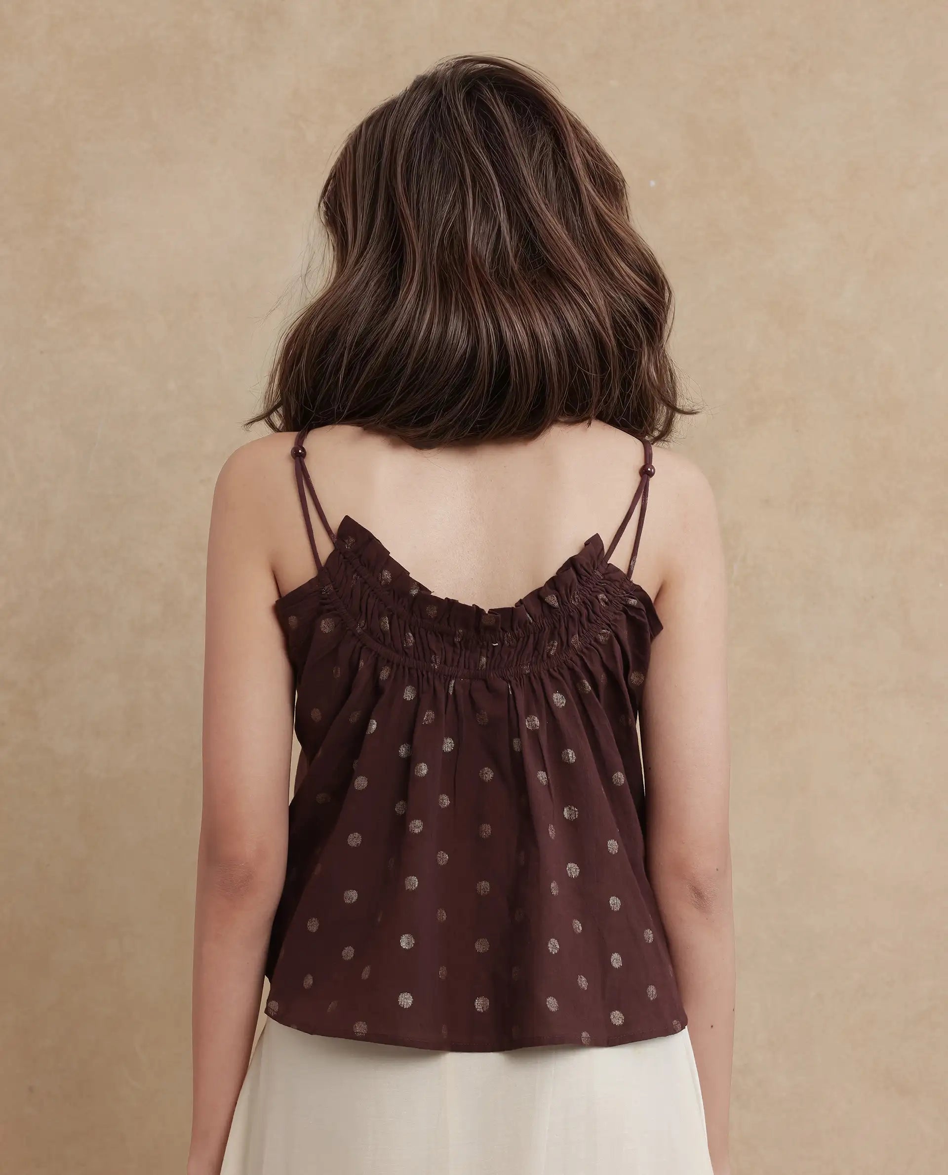 Rareism Women Ronn Dusky Brown Cotton Blend Fabric V-Neck Relaxed Fit Plain Top