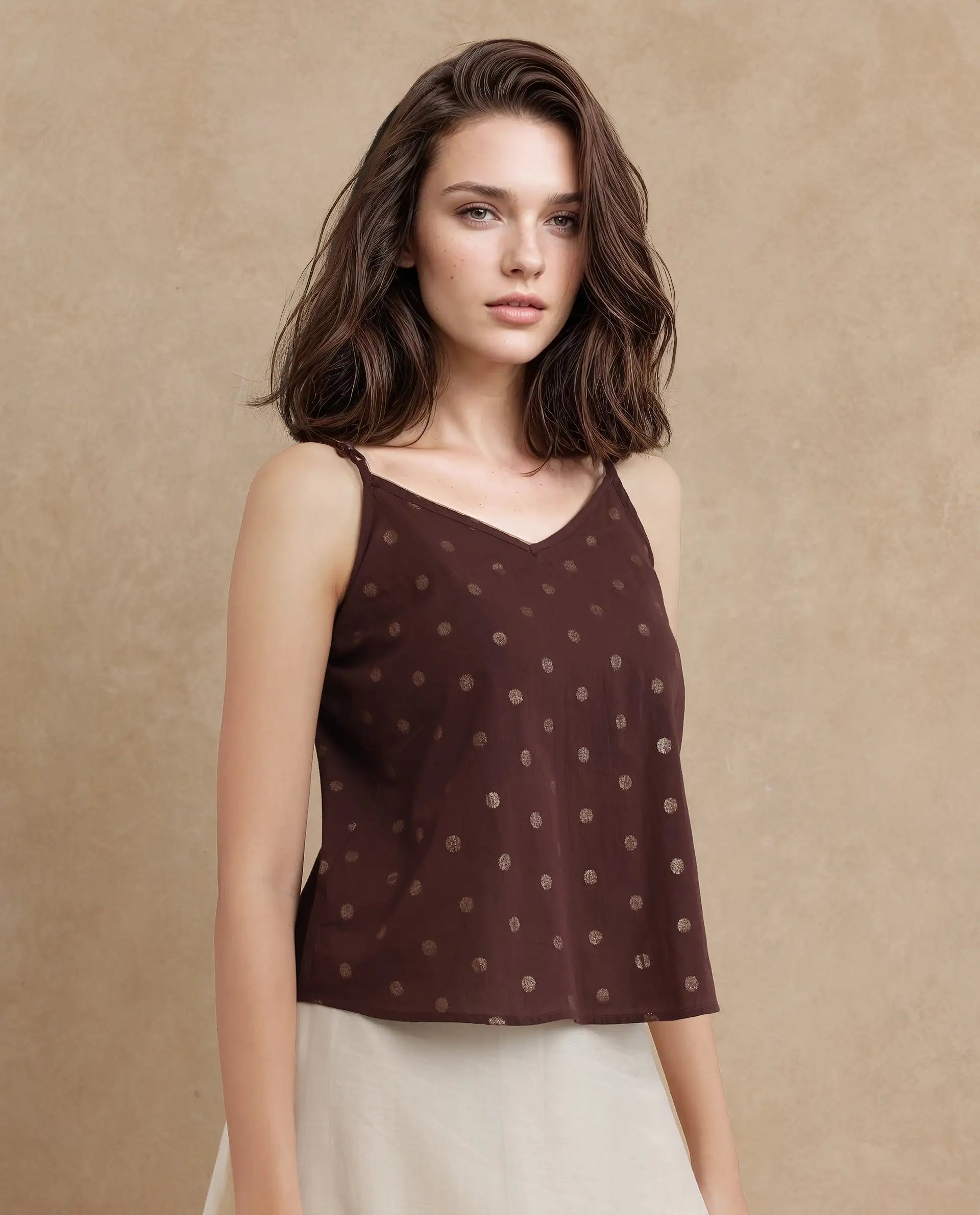 Rareism Women Ronn Dusky Brown Cotton Blend Fabric V-Neck Relaxed Fit Plain Top