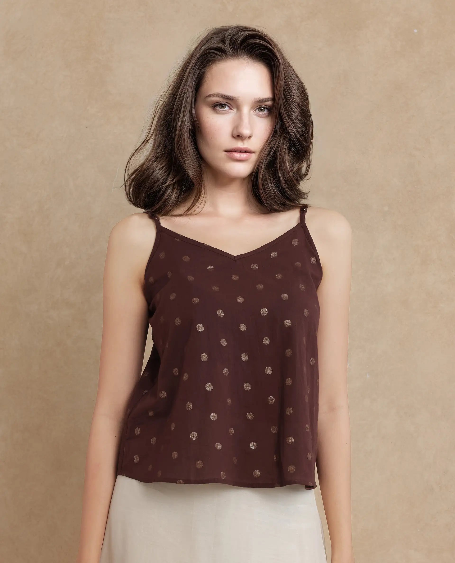 Rareism Women Ronn Dusky Brown Cotton Blend Fabric V-Neck Relaxed Fit Plain Top