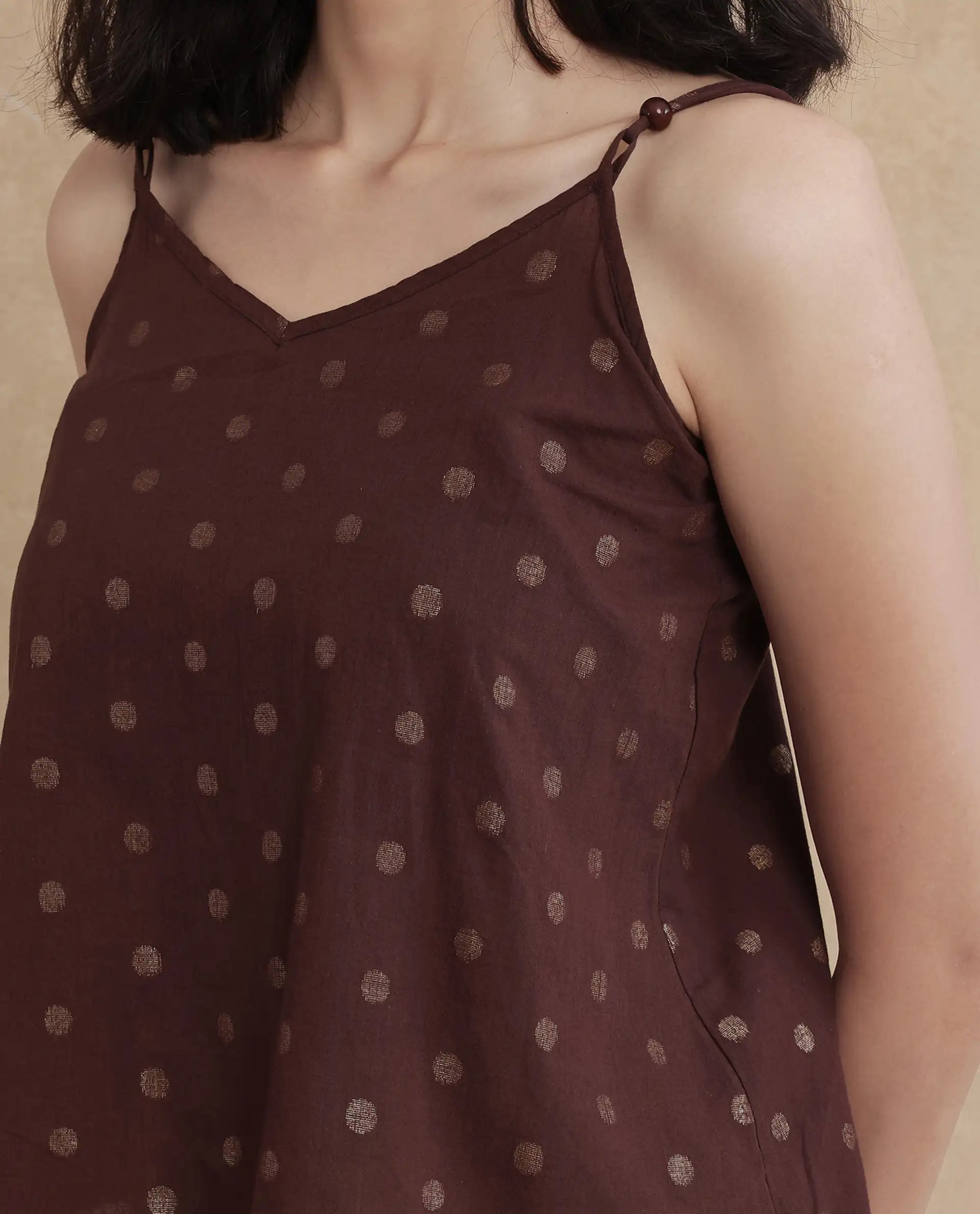 Rareism Women Ronn Dusky Brown Cotton Blend Fabric V-Neck Relaxed Fit Plain Top