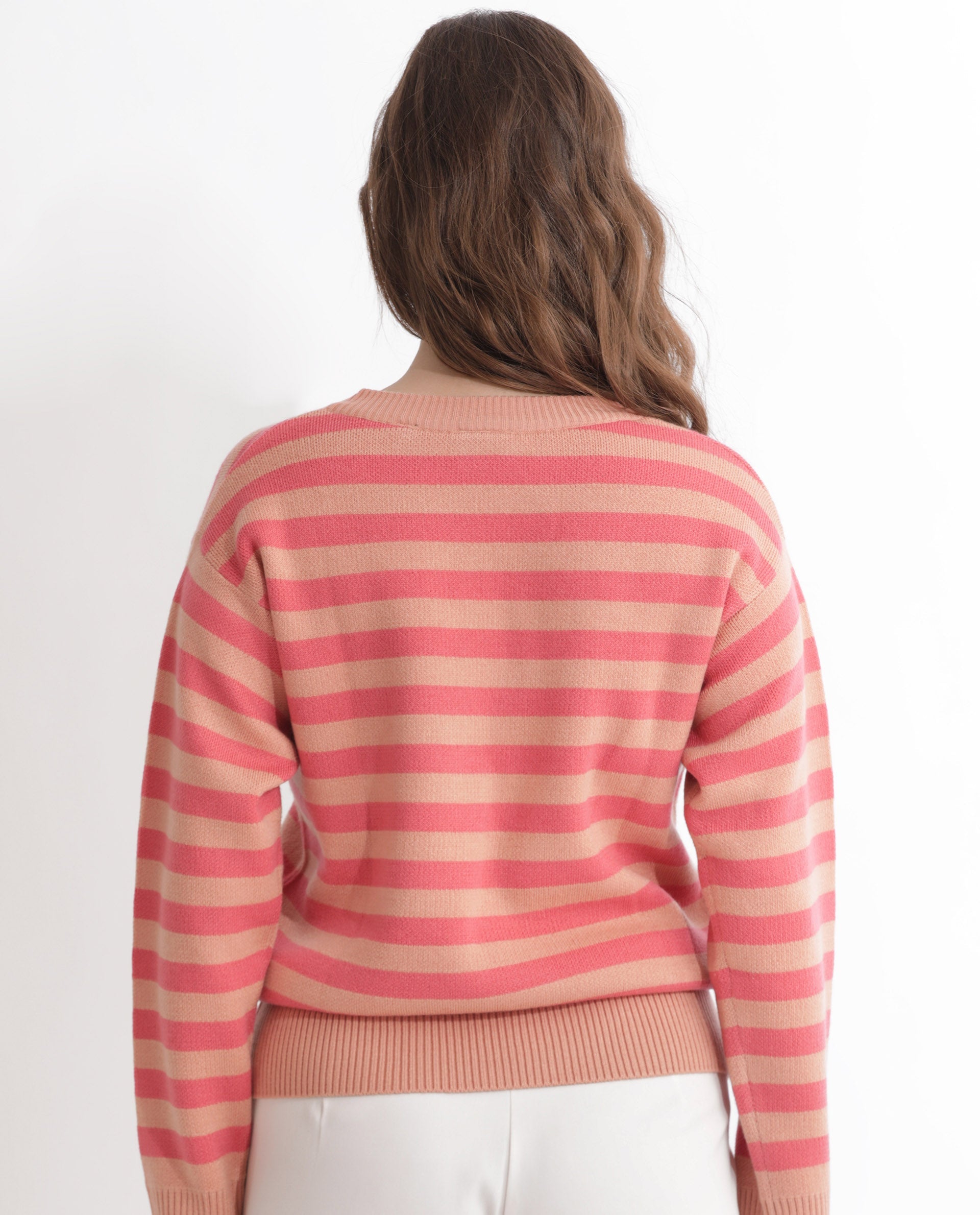 Rareism Women Ronnie Dark Pink Acrylic Fabric Full Sleeves V-Neck Relaxed Fit Striped Sweater