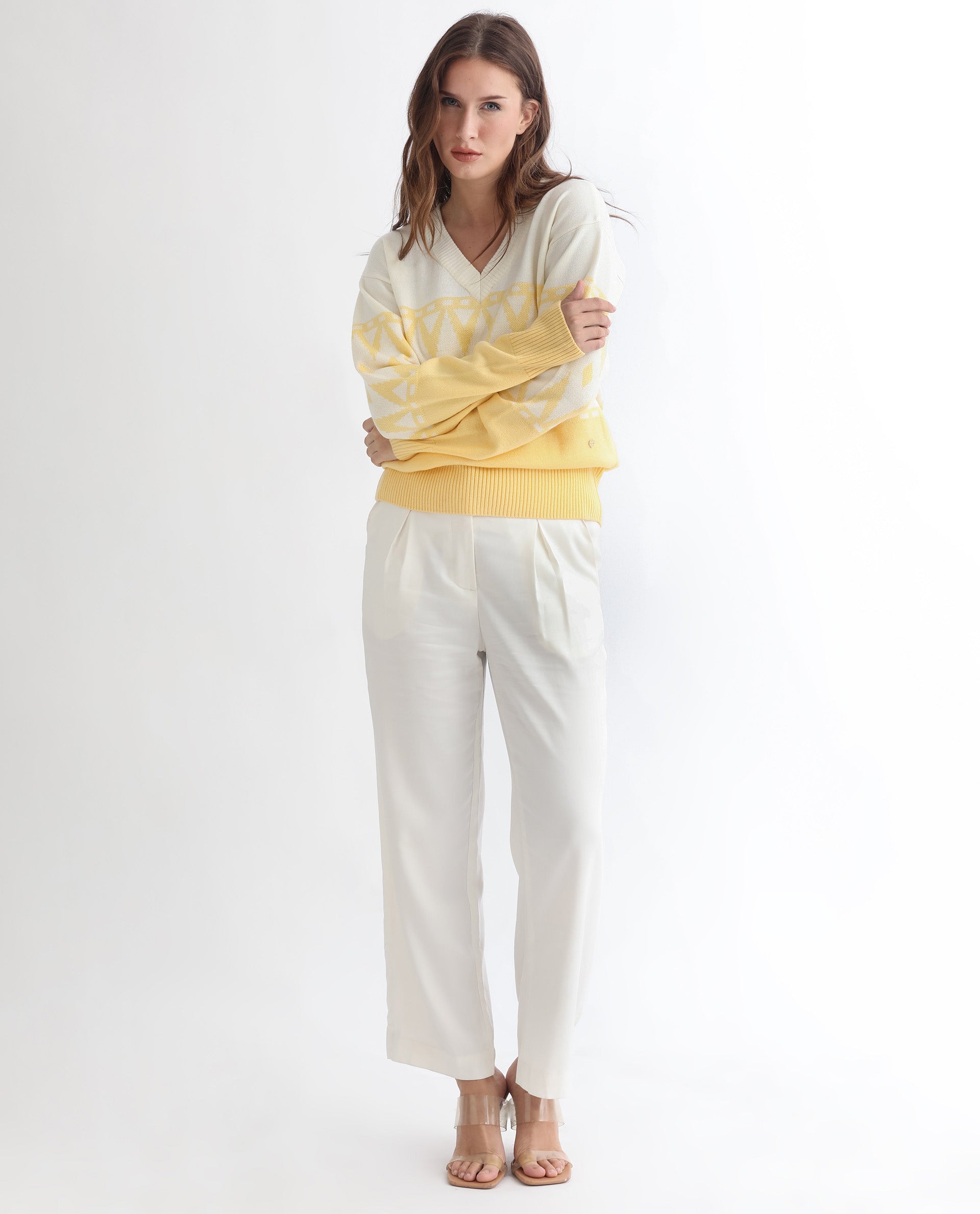 Rareism Women Ronnie Yellow Acrylic Fabric Full Sleeves Relaxed Fit Color Blocked V-Neck Sweater