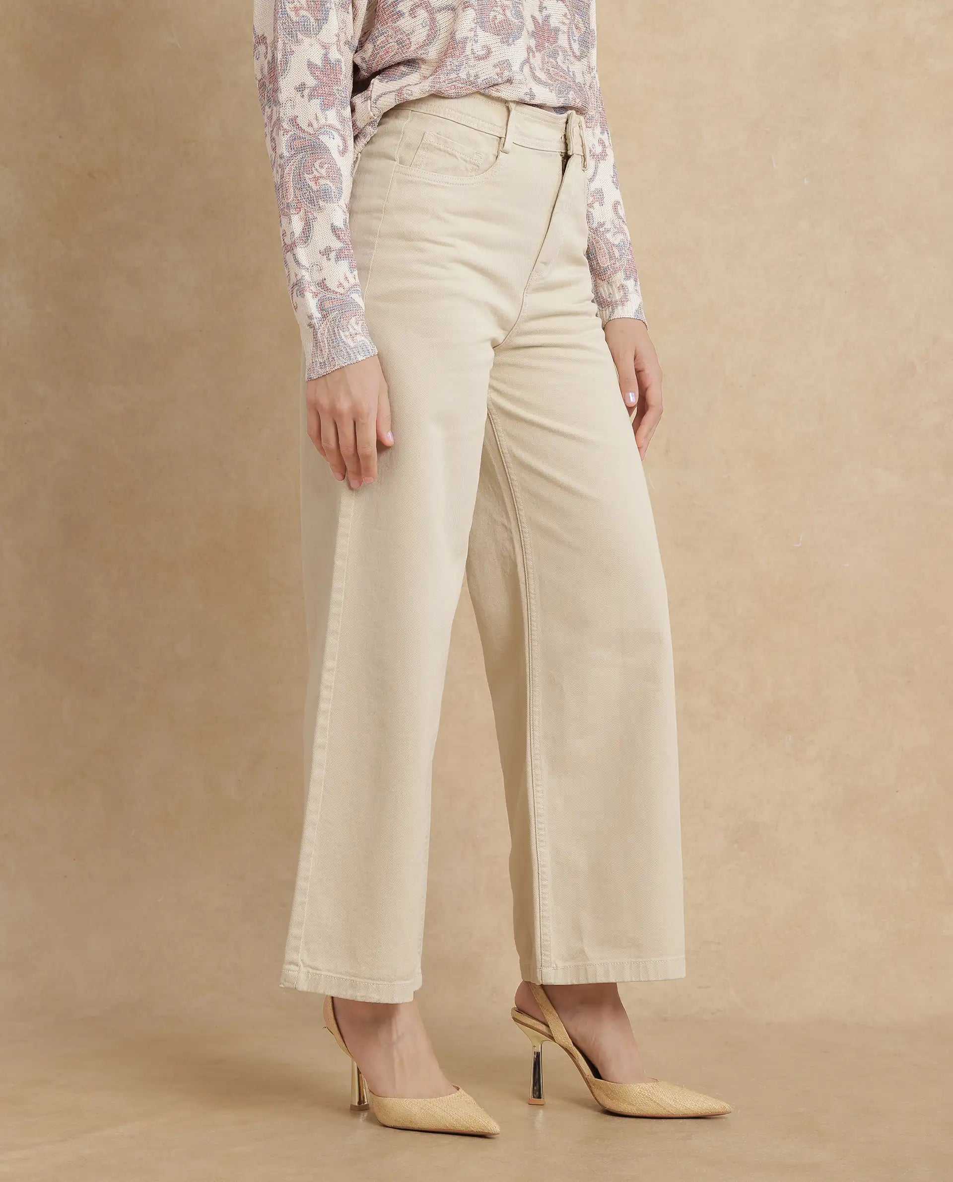 Rareism Women Ronob Beige Cotton Blend Fabric Wide Fit Plain Trouser