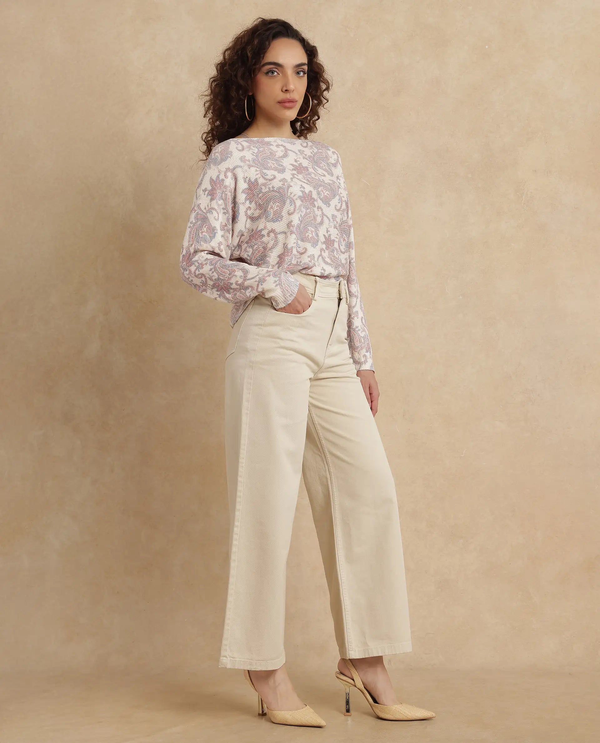 Rareism Women Ronob Beige Cotton Blend Fabric Wide Fit Plain Trouser